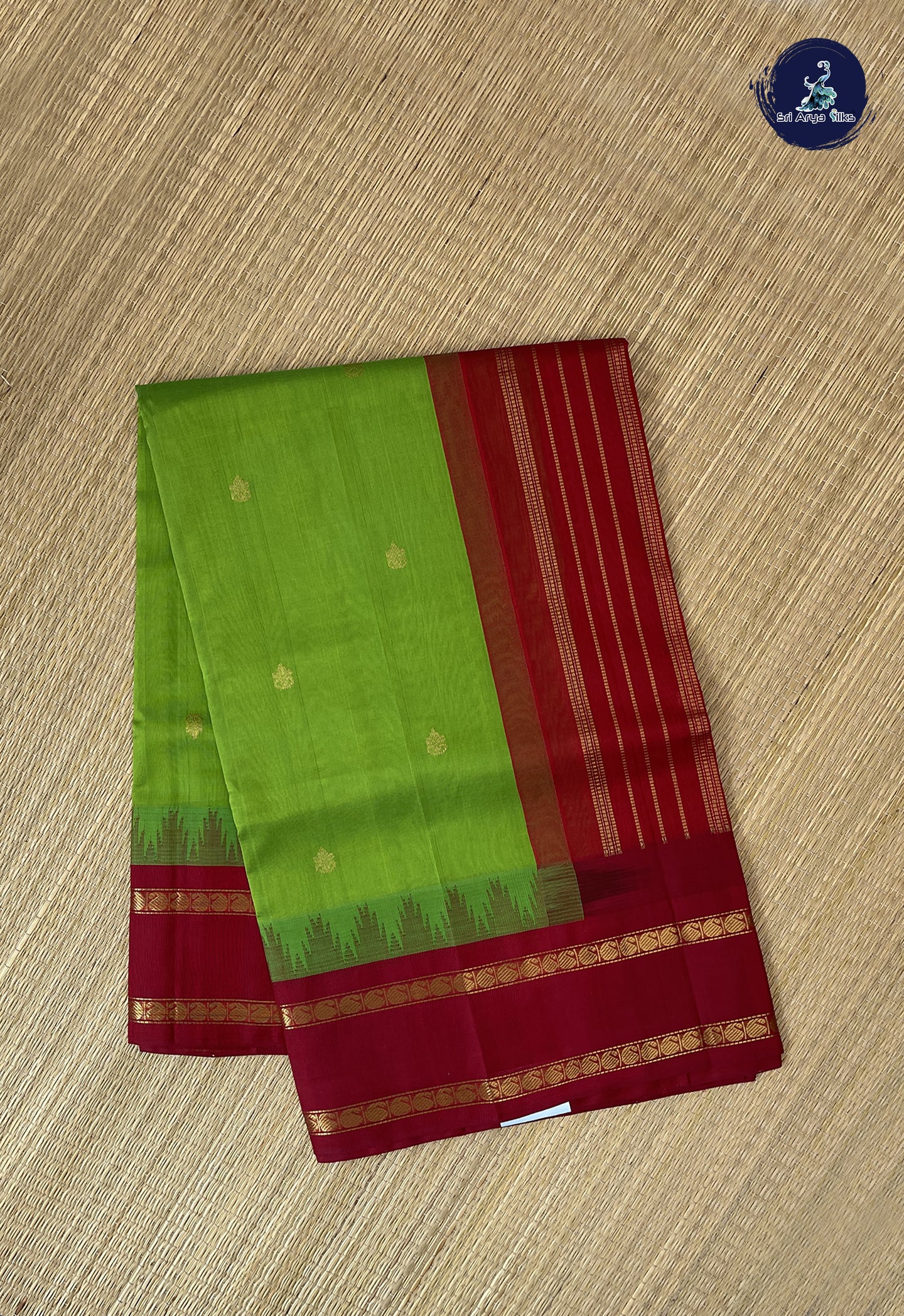 Parrot Green Korvai Silk Cotton Saree With Zari Buttas Pattern