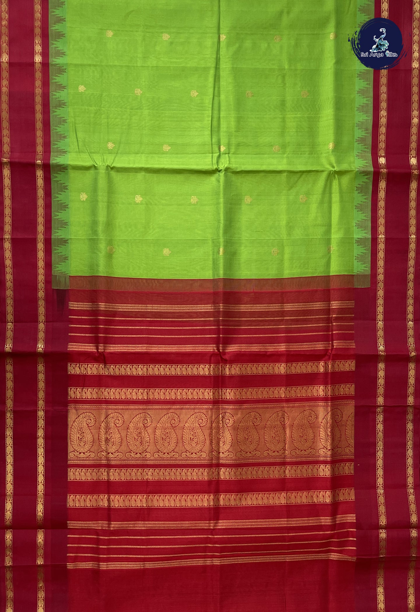 Parrot Green Korvai Silk Cotton Saree With Zari Buttas Pattern