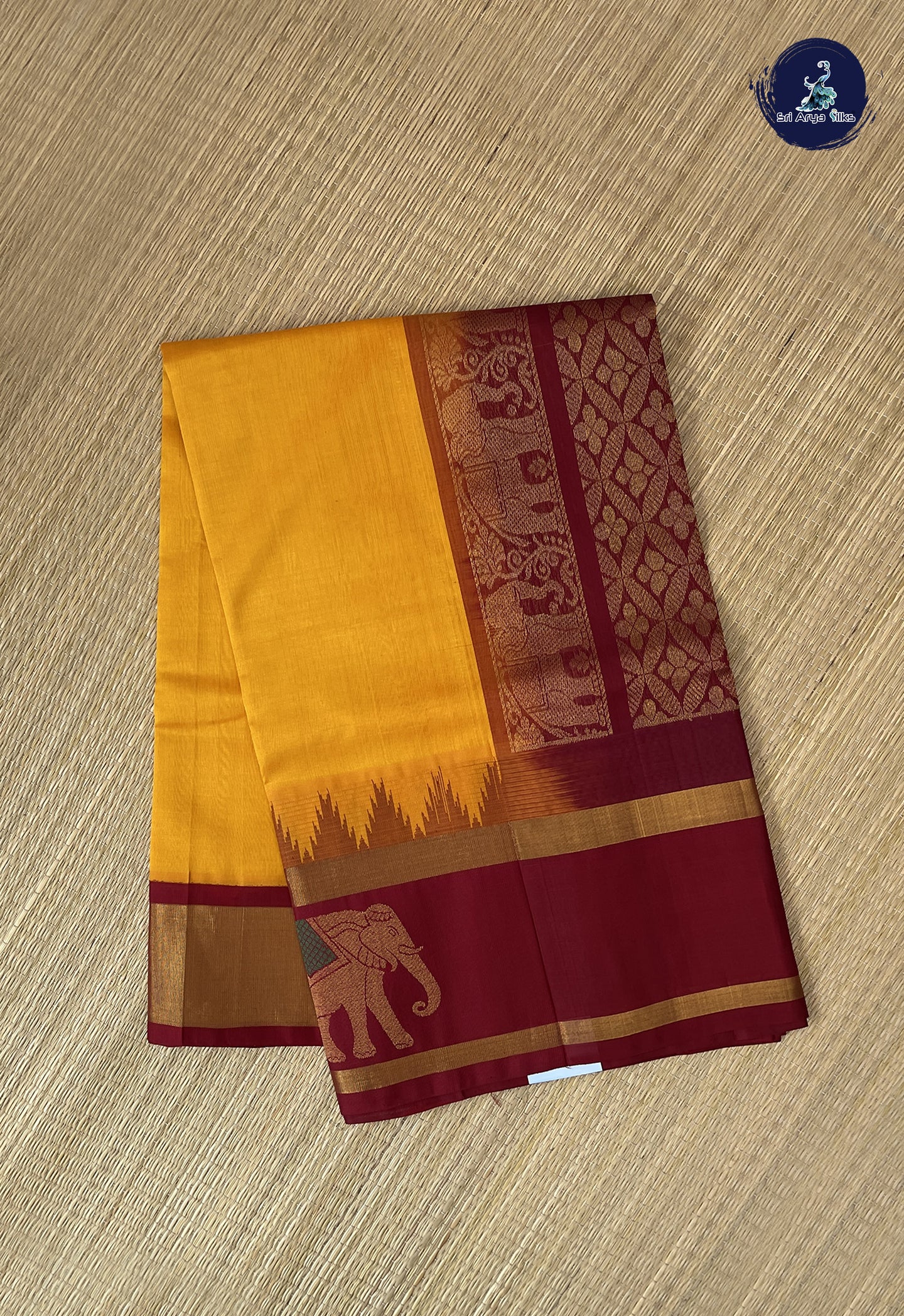 Yellowish Orange Korvai Silk Cotton Saree With Plain Pattern
