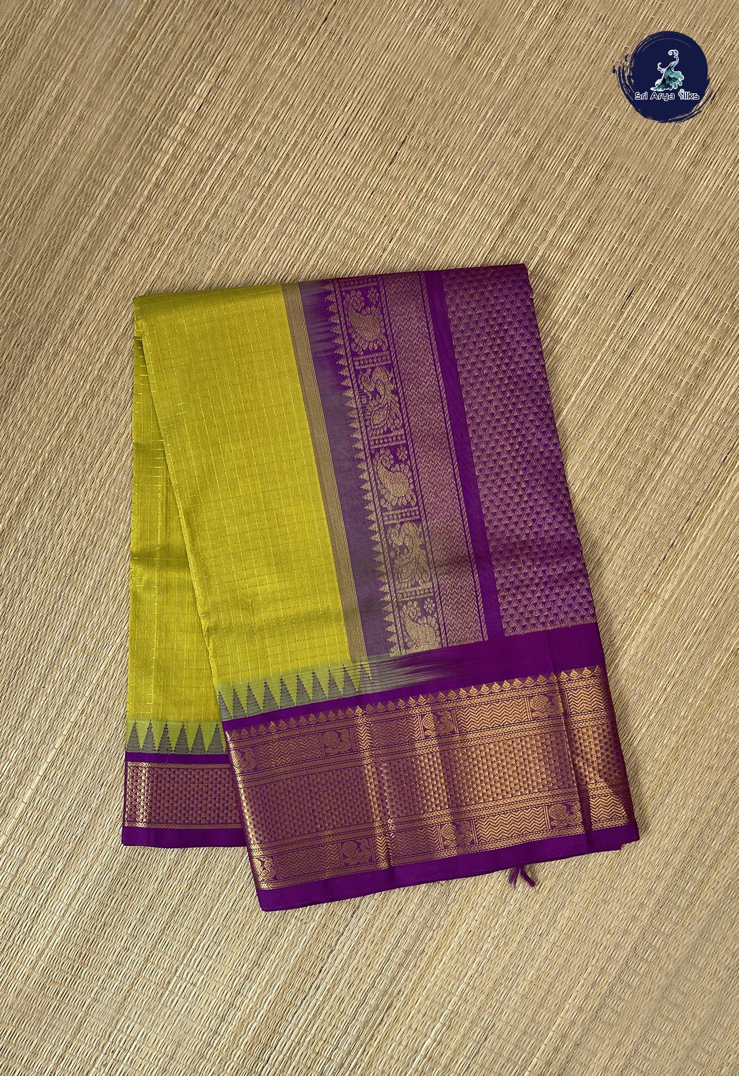 Lime Green Korvai Silk Cotton Saree With Zari Checked Pattern