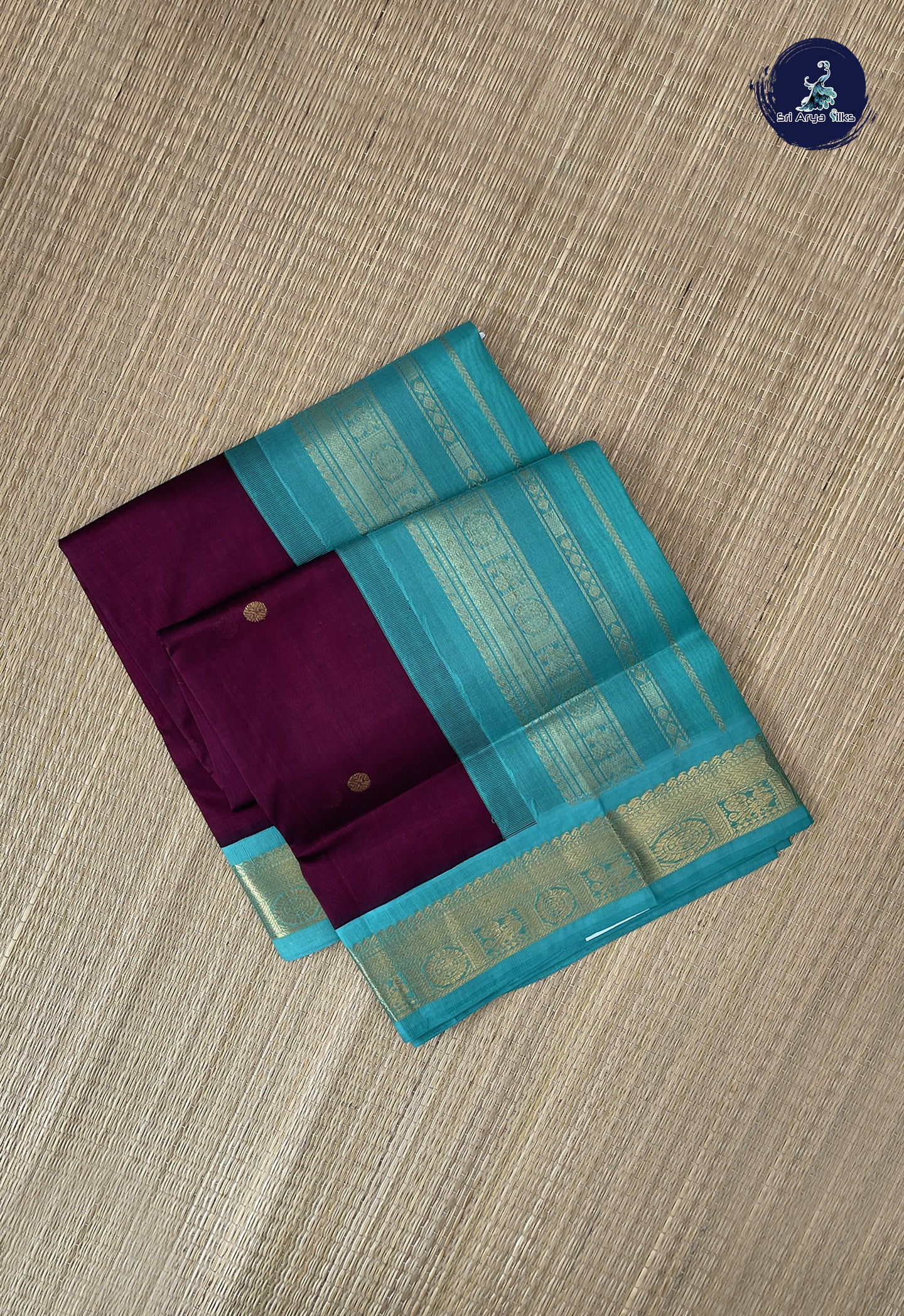 Jamun Korvai Silk Cotton Saree With Zari Buttas Pattern