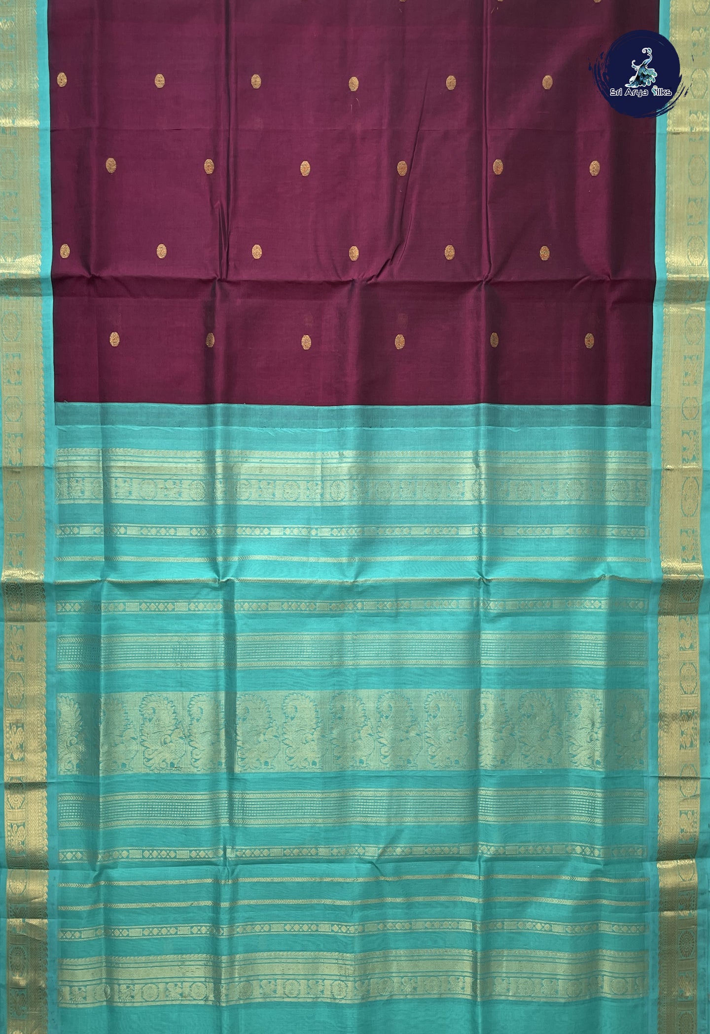 Jamun Korvai Silk Cotton Saree With Zari Buttas Pattern