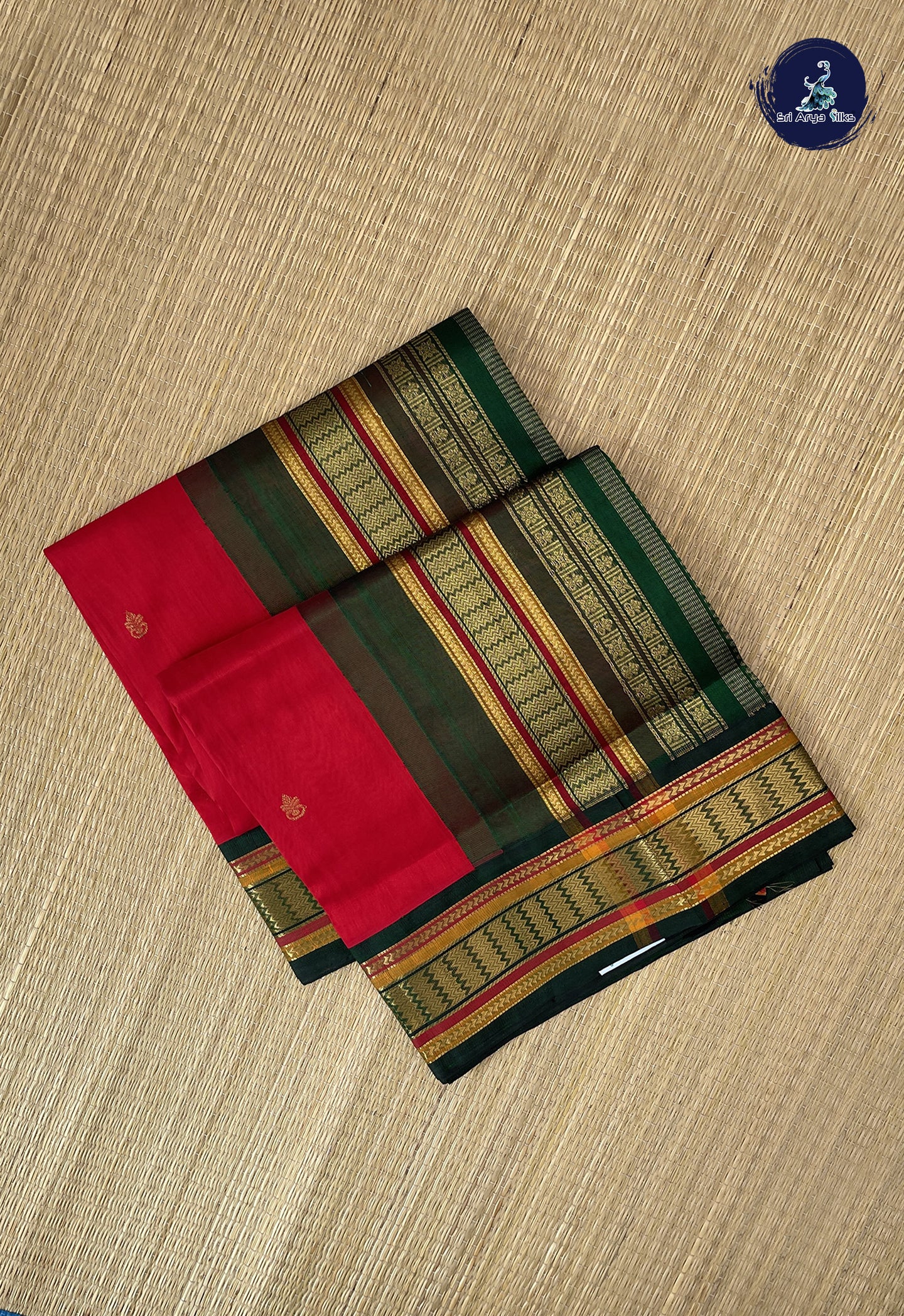 Red Korvai Silk Cotton Saree With Zari Buttas Pattern