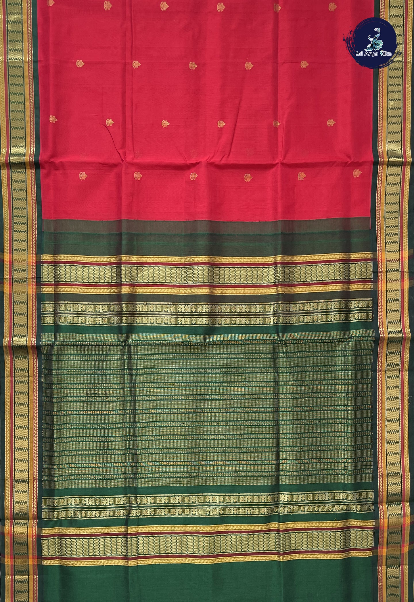 Red Korvai Silk Cotton Saree With Zari Buttas Pattern