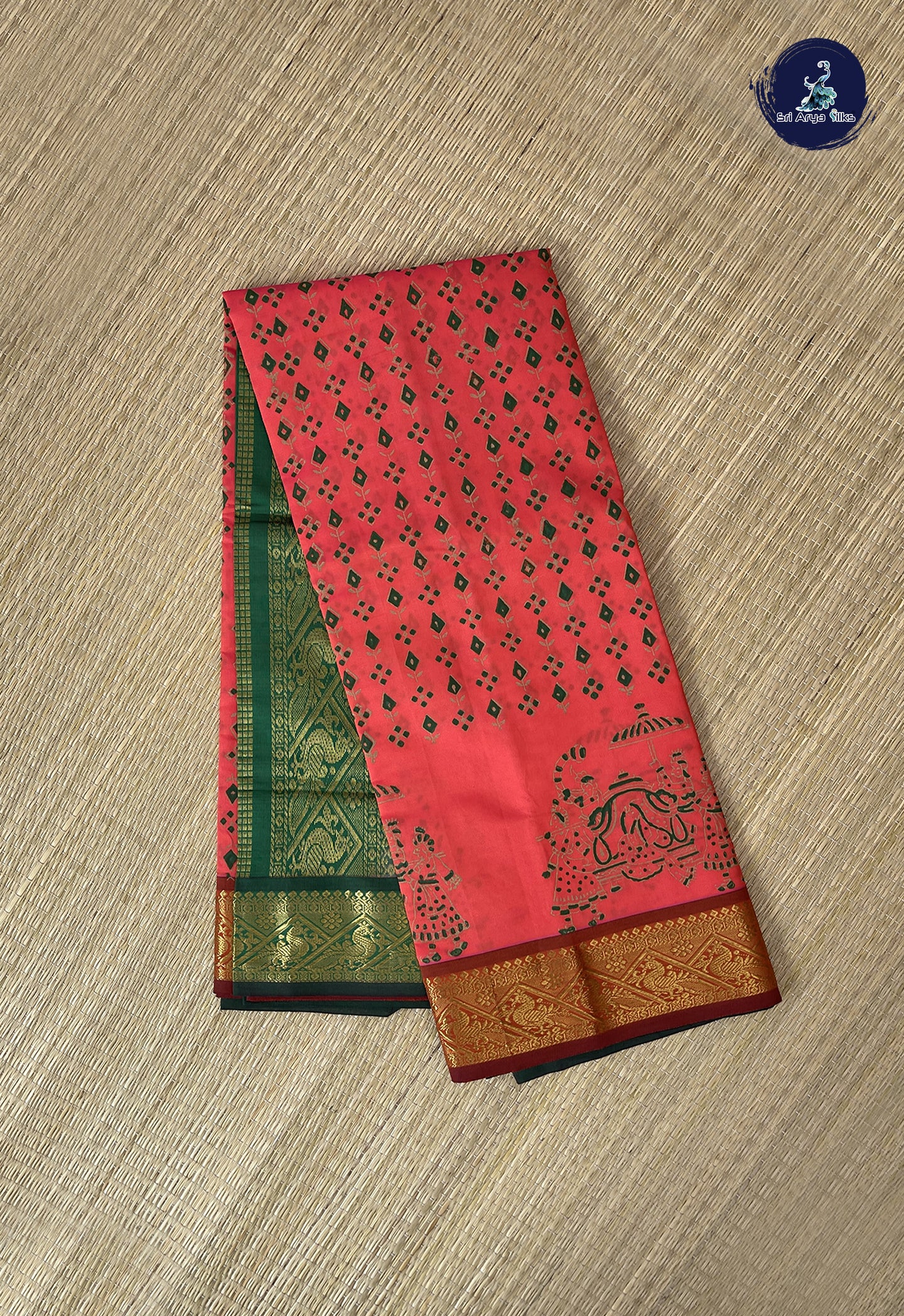 Orangish Pink Semi Silk Cotton Saree With Printed Pattern