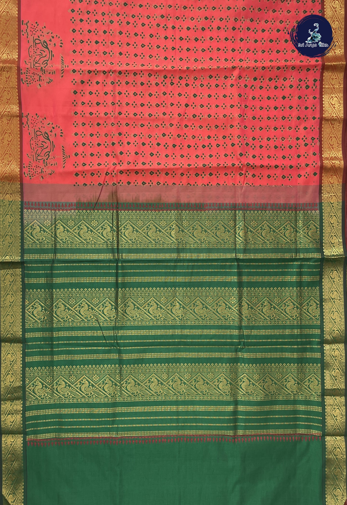 Orangish Pink Semi Silk Cotton Saree With Printed Pattern