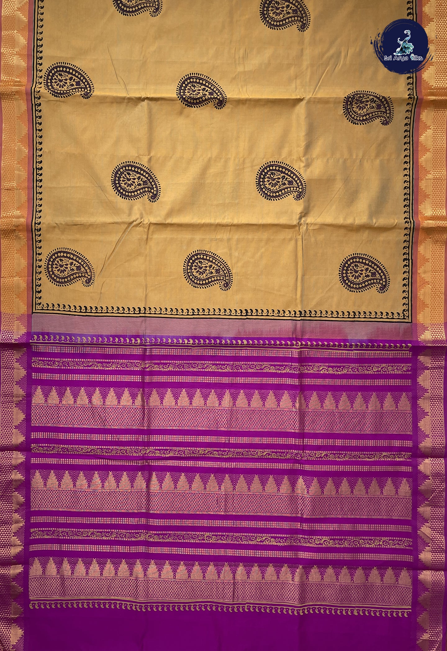 Golden Mustard Semi Silk Cotton Saree With Printed Pattern