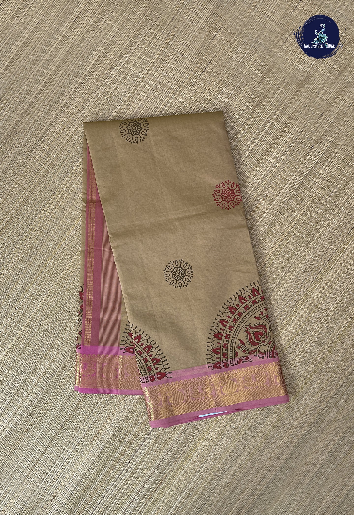 Beige Pink Semi Silk Cotton Saree With Printed Pattern