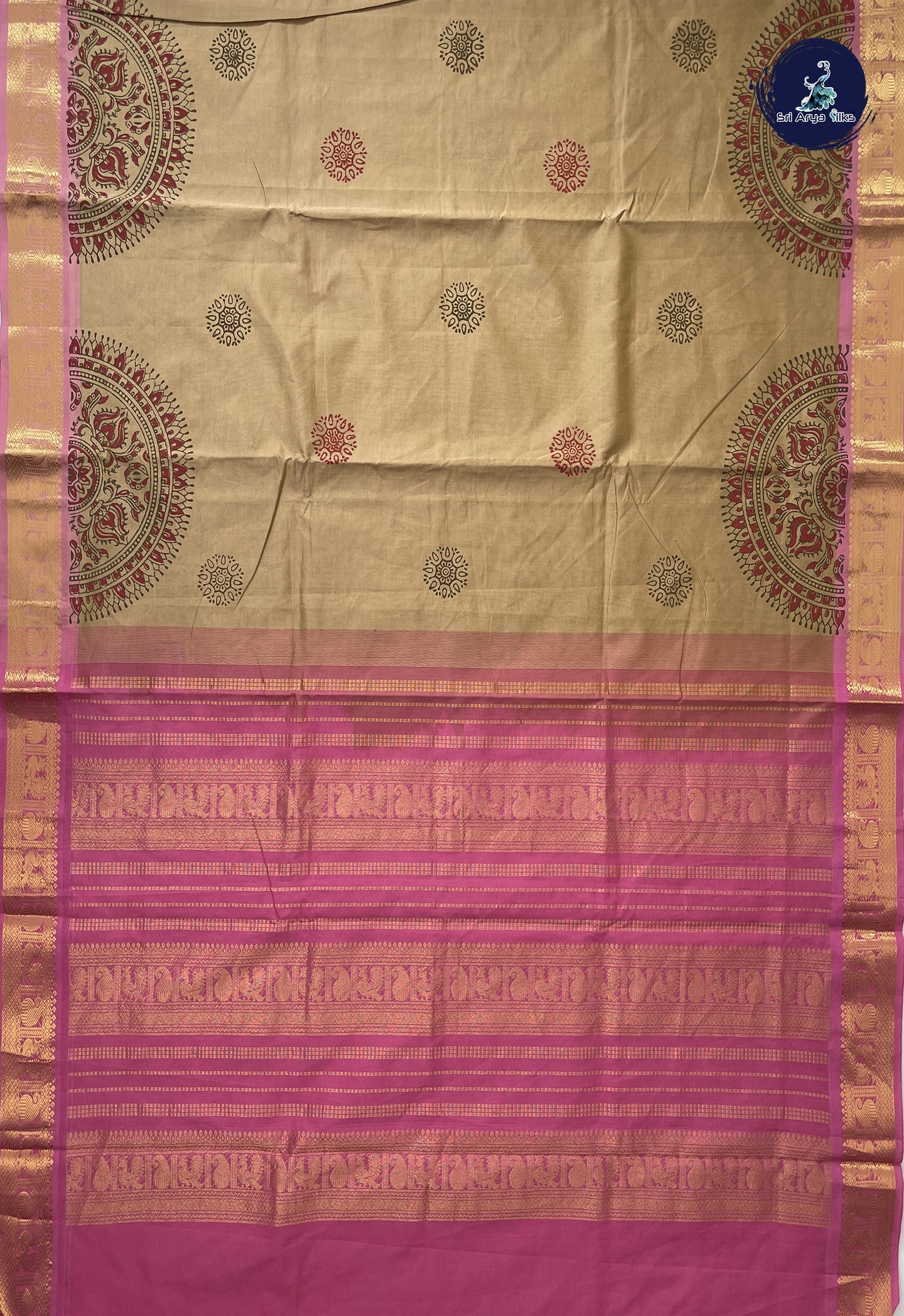 Beige Pink Semi Silk Cotton Saree With Printed Pattern