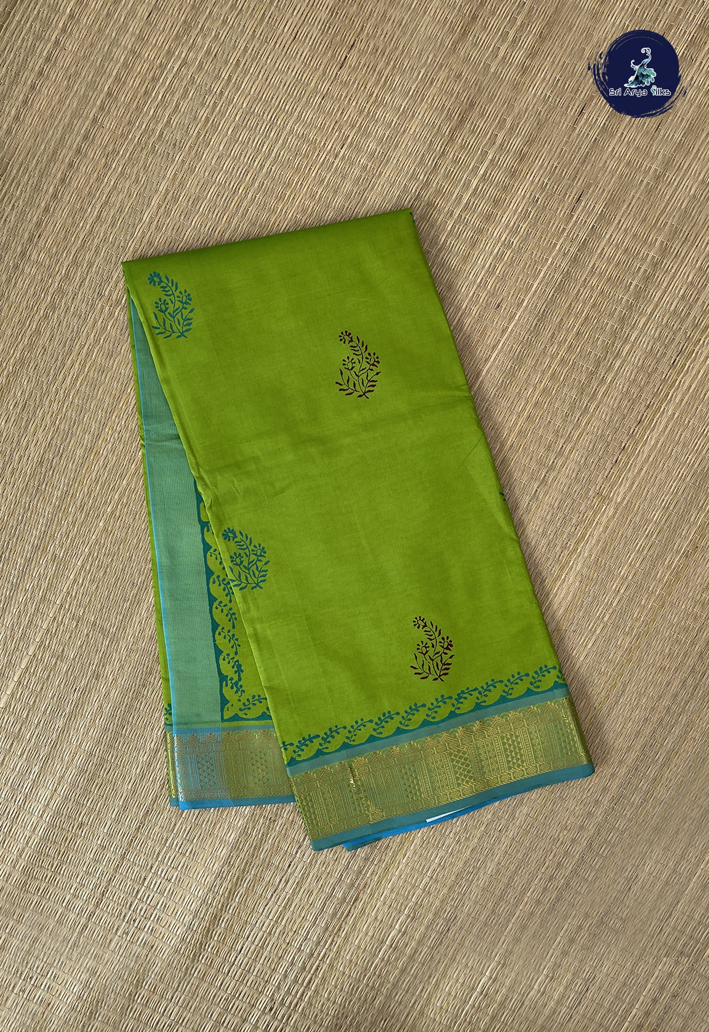 Lime Green Semi Silk Cotton Saree With Printed Pattern