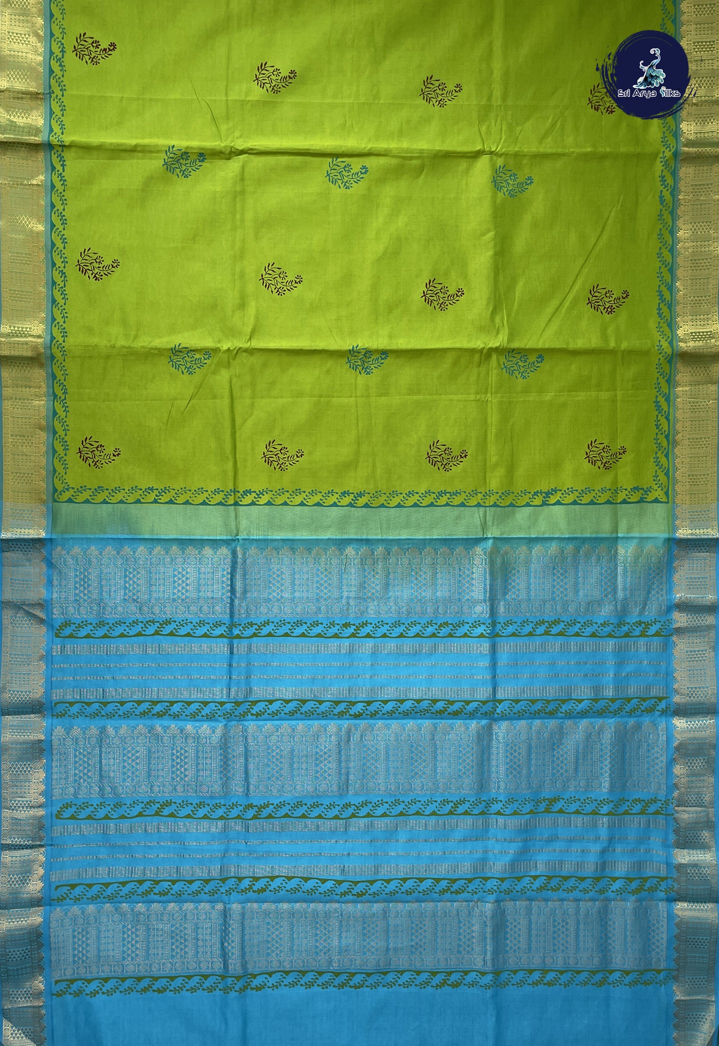 Lime Green Semi Silk Cotton Saree With Printed Pattern