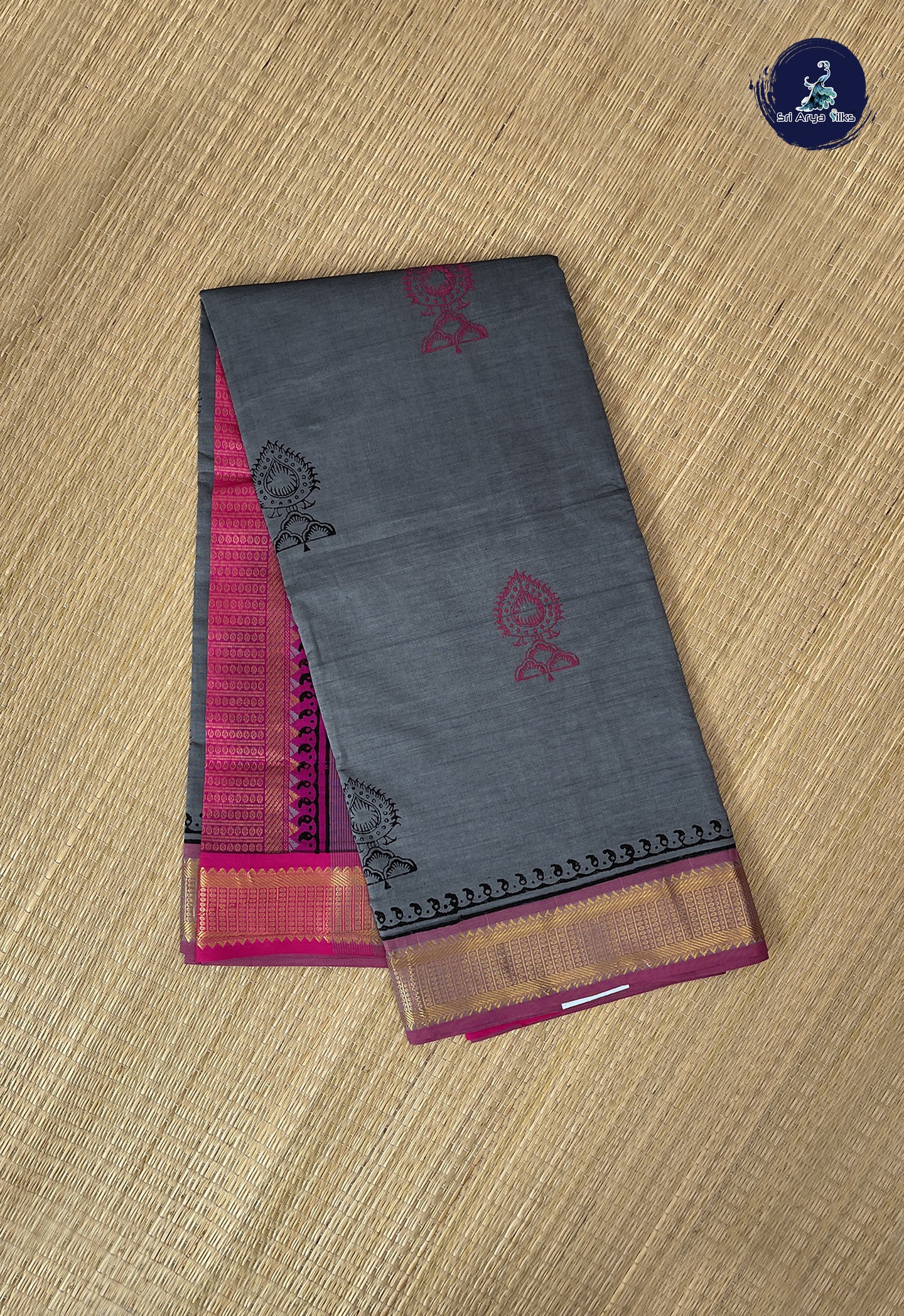 Elephant Grey Semi Silk Cotton Saree With Printed Pattern