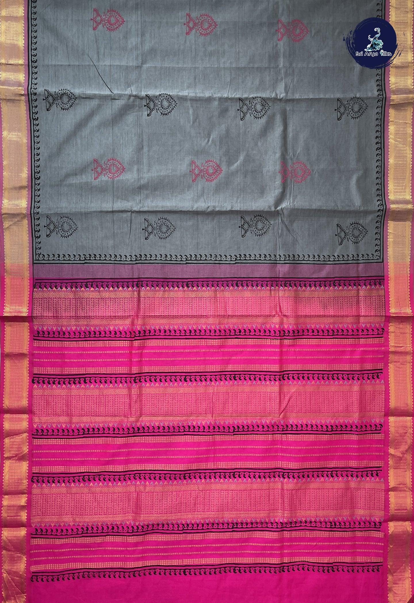 Elephant Grey Semi Silk Cotton Saree With Printed Pattern