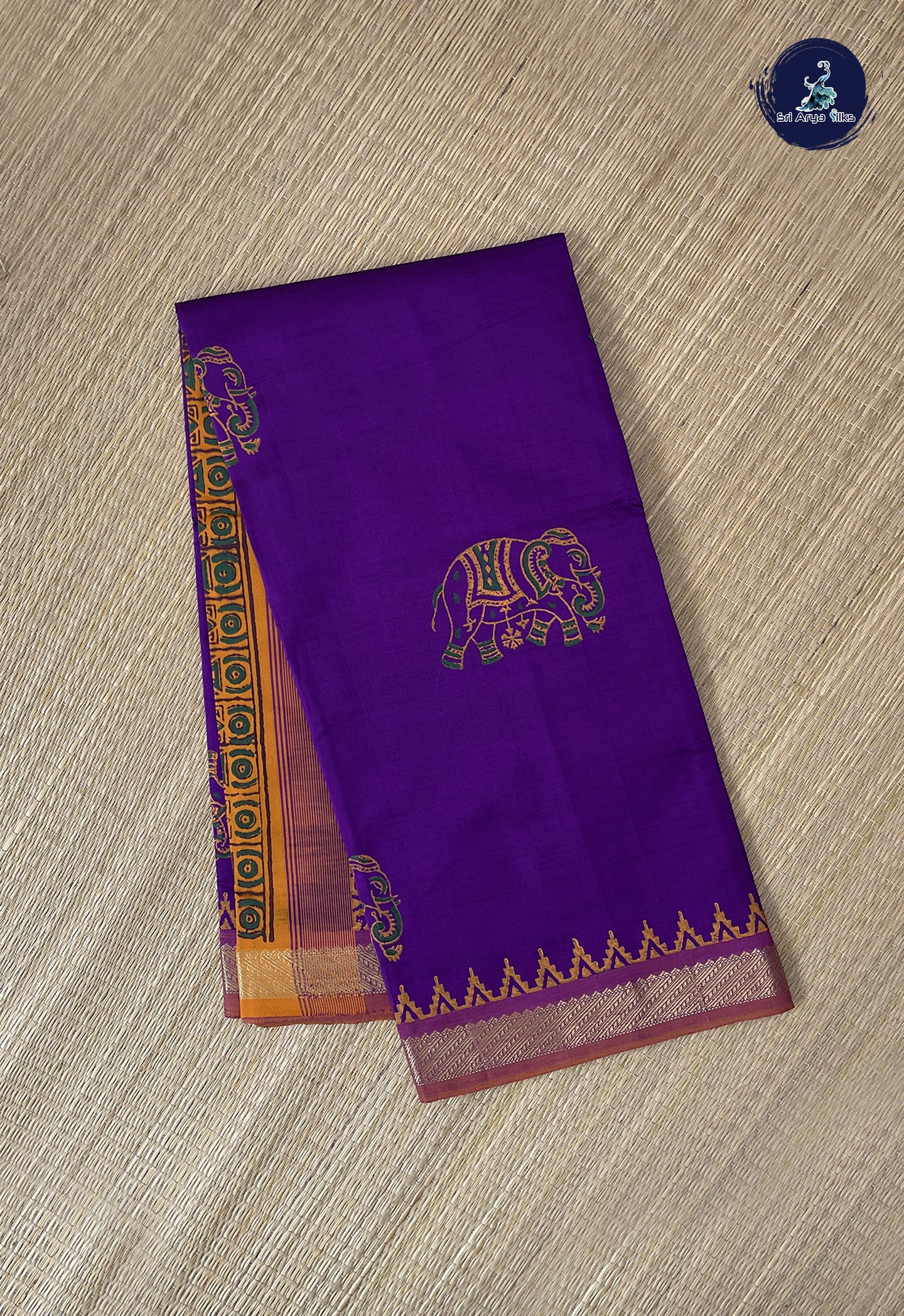 Dark Violet Semi Silk Cotton Saree With Printed Pattern