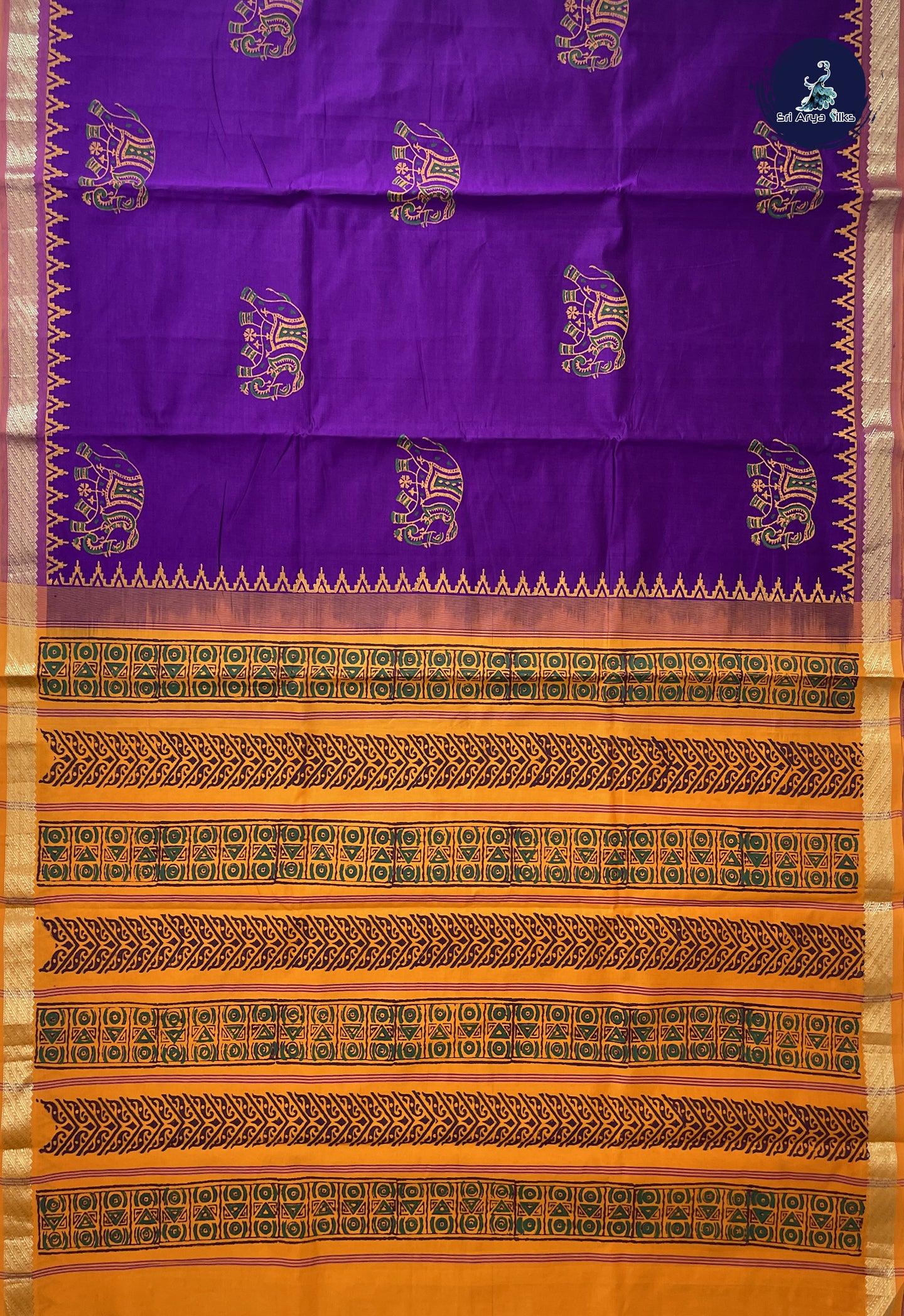 Dark Violet Semi Silk Cotton Saree With Printed Pattern