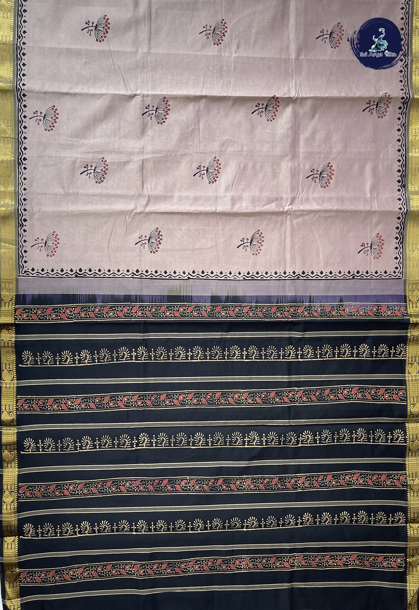 Greyish Lavender Semi Silk Cotton Saree With Printed Pattern
