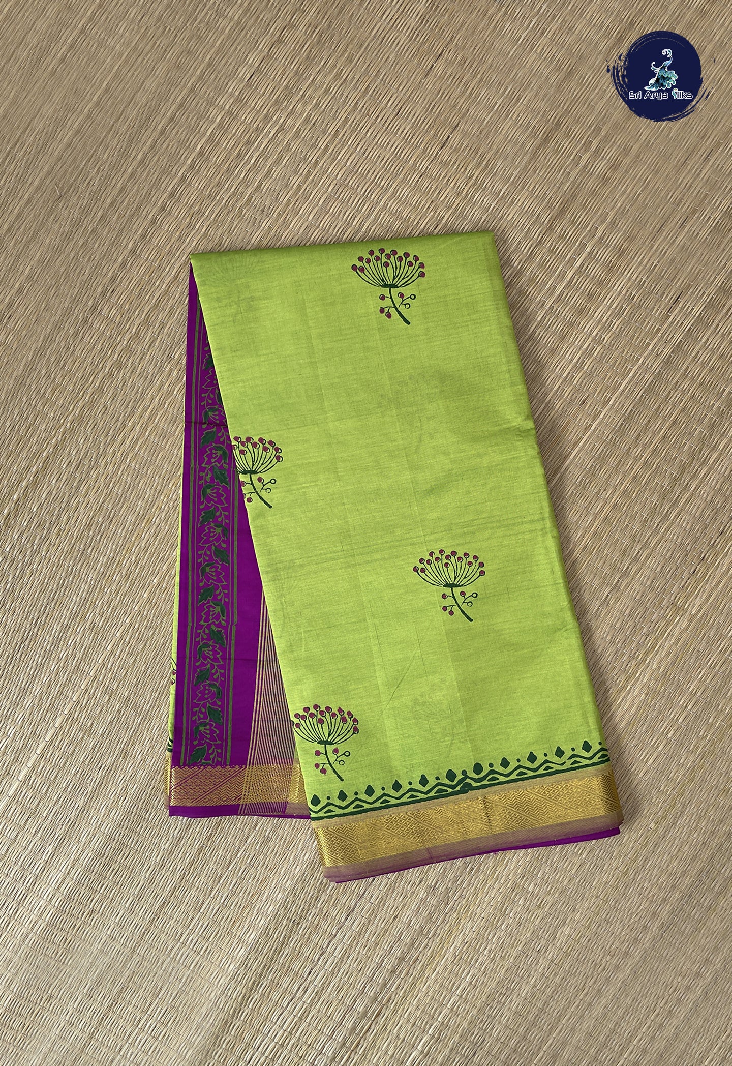 Lime Green Semi Silk Cotton Saree With Printed Pattern