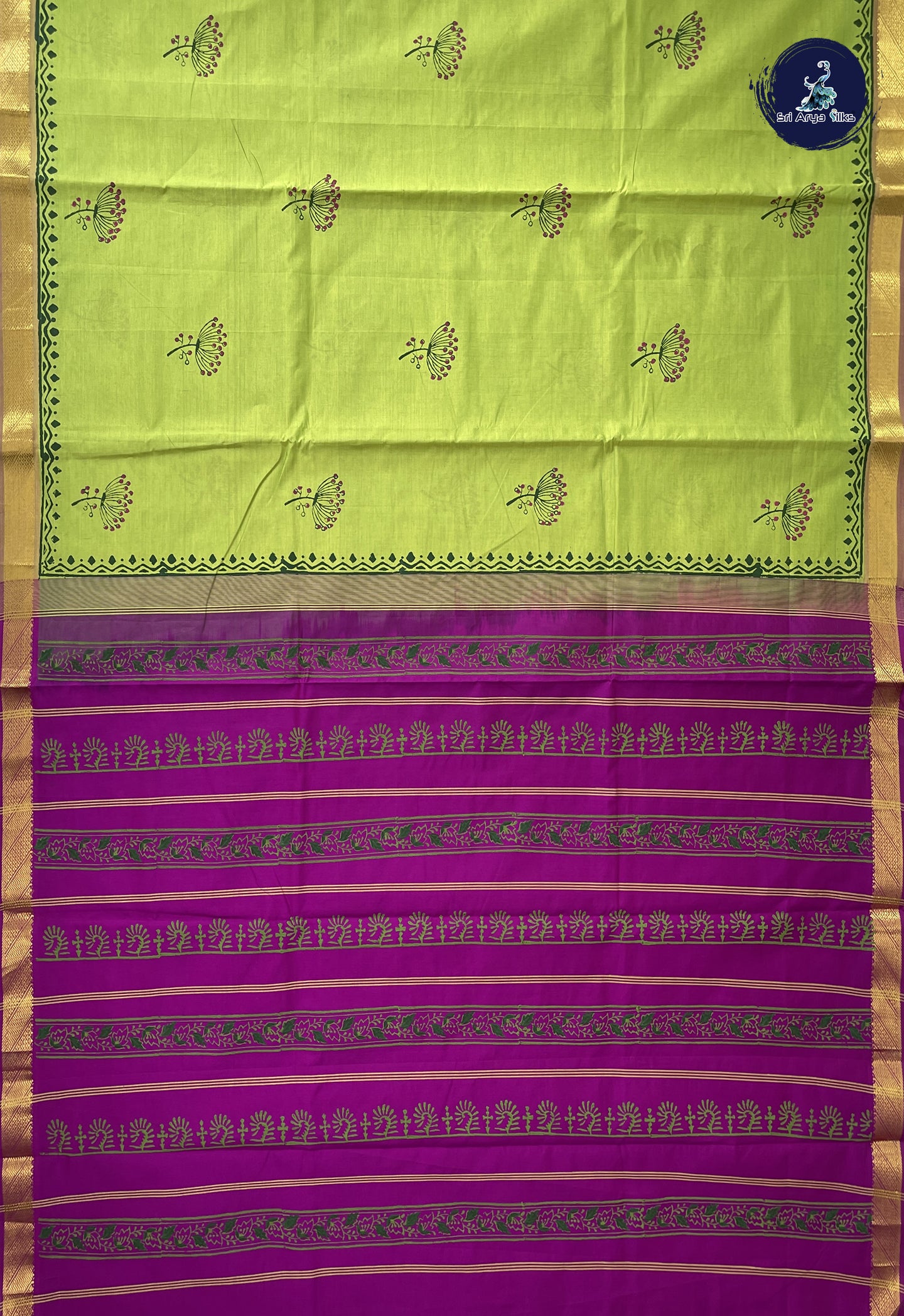 Lime Green Semi Silk Cotton Saree With Printed Pattern