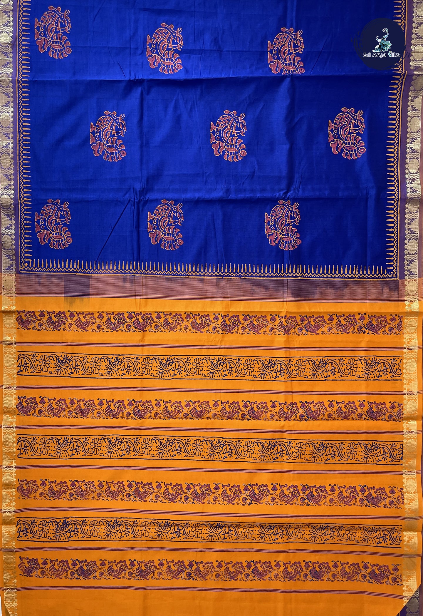 Ink Blue Semi Silk Cotton Saree With Printed Pattern