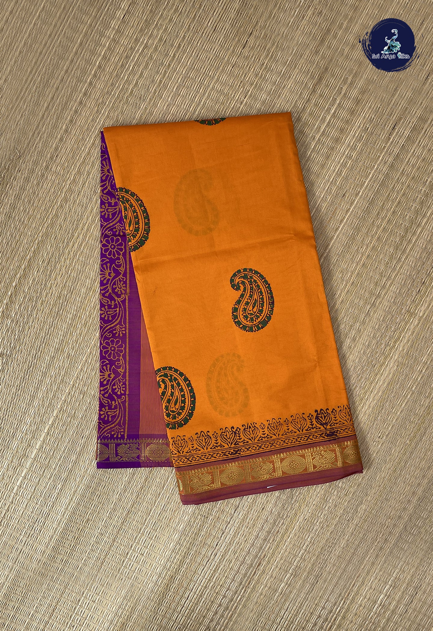 Yellowish Orange Semi Silk Cotton Saree With Printed Pattern