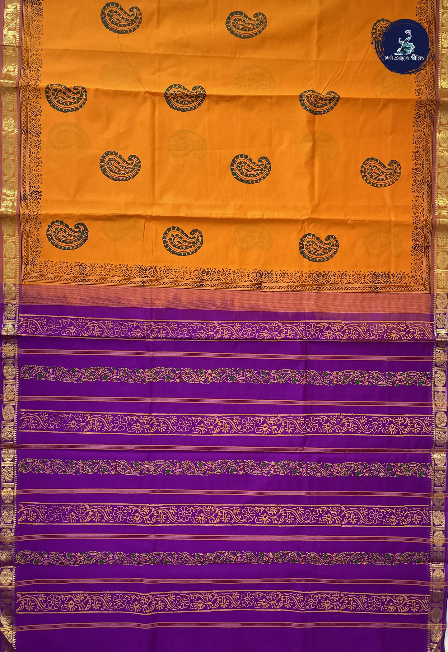 Yellowish Orange Semi Silk Cotton Saree With Printed Pattern