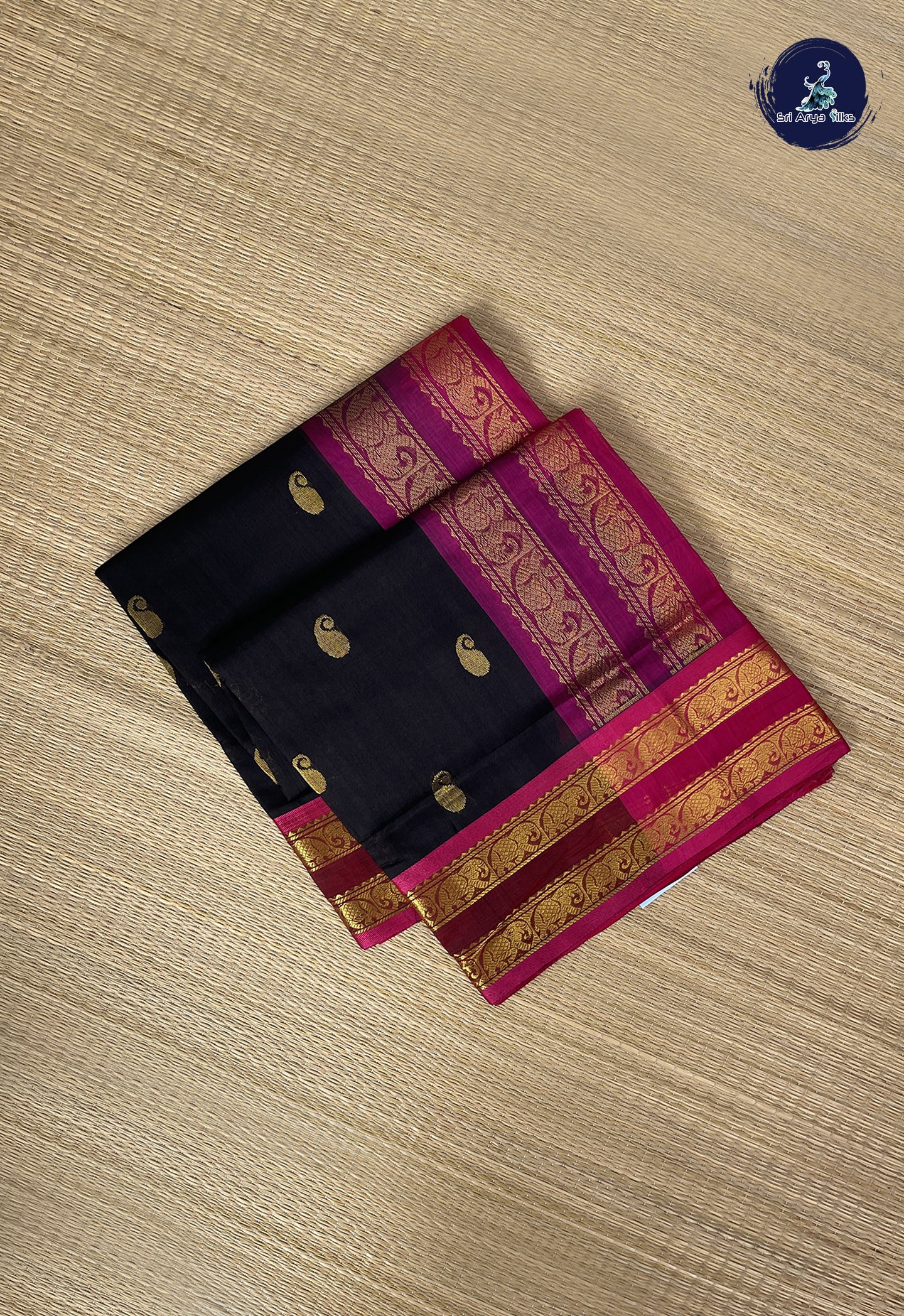 Black Simple Silk Cotton Saree With Zari Buttas Pattern