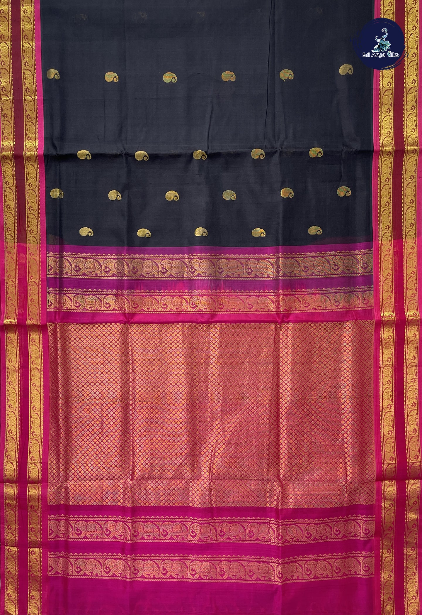 Black Simple Silk Cotton Saree With Zari Buttas Pattern