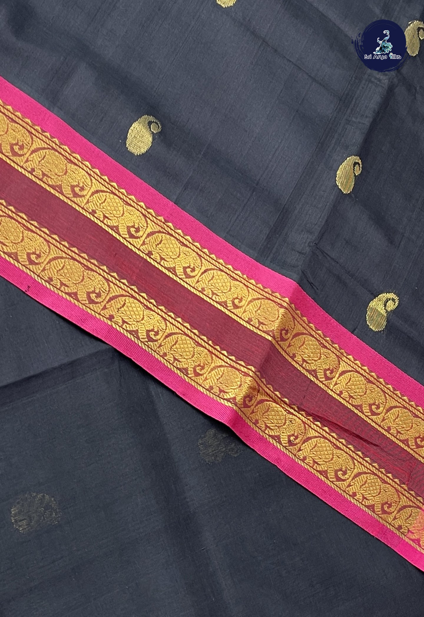 Black Simple Silk Cotton Saree With Zari Buttas Pattern