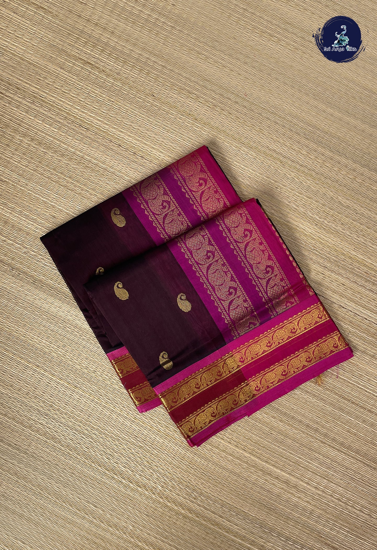 Brown Simple Silk Cotton Saree With Zari Buttas Pattern