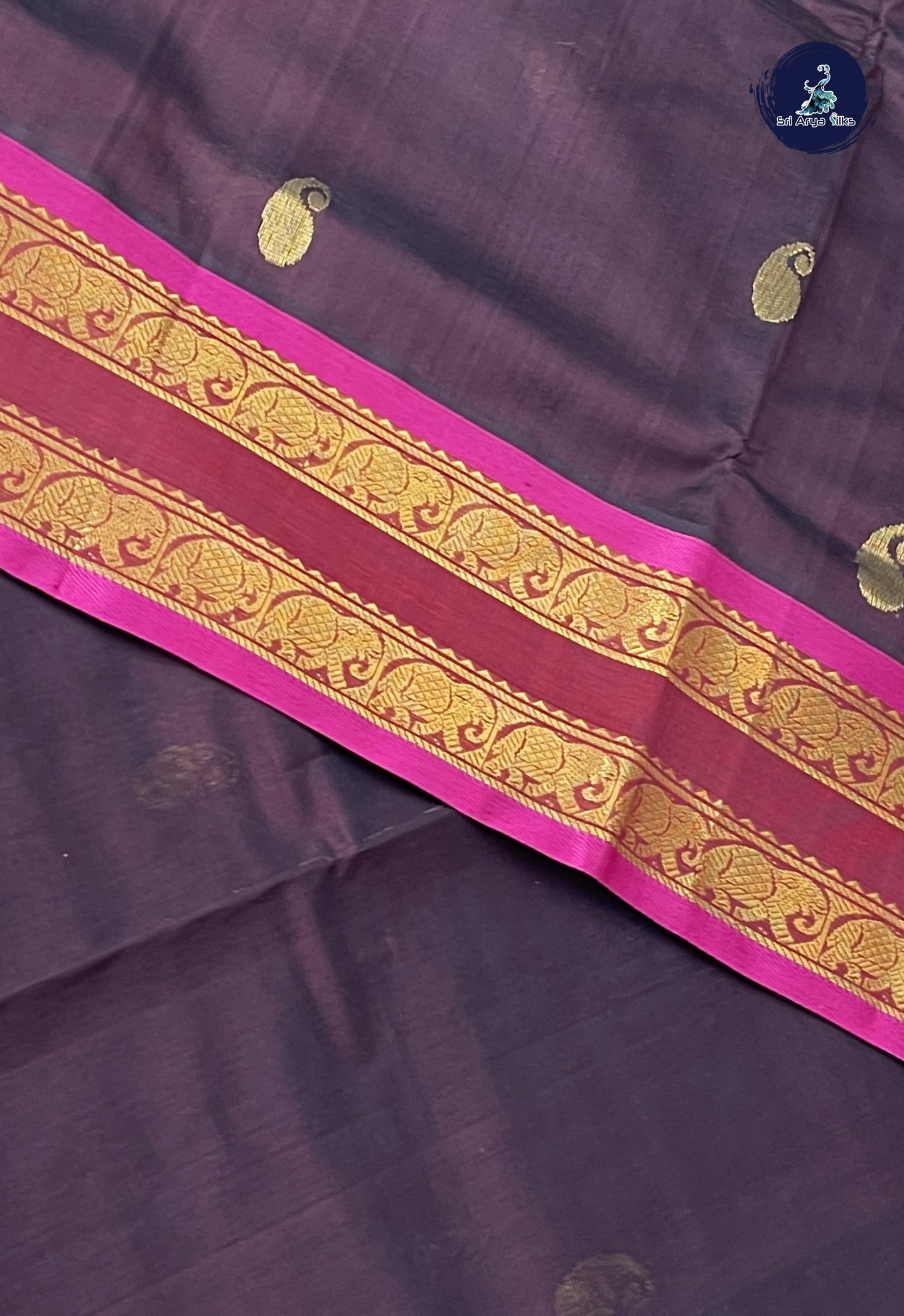 Brown Simple Silk Cotton Saree With Zari Buttas Pattern