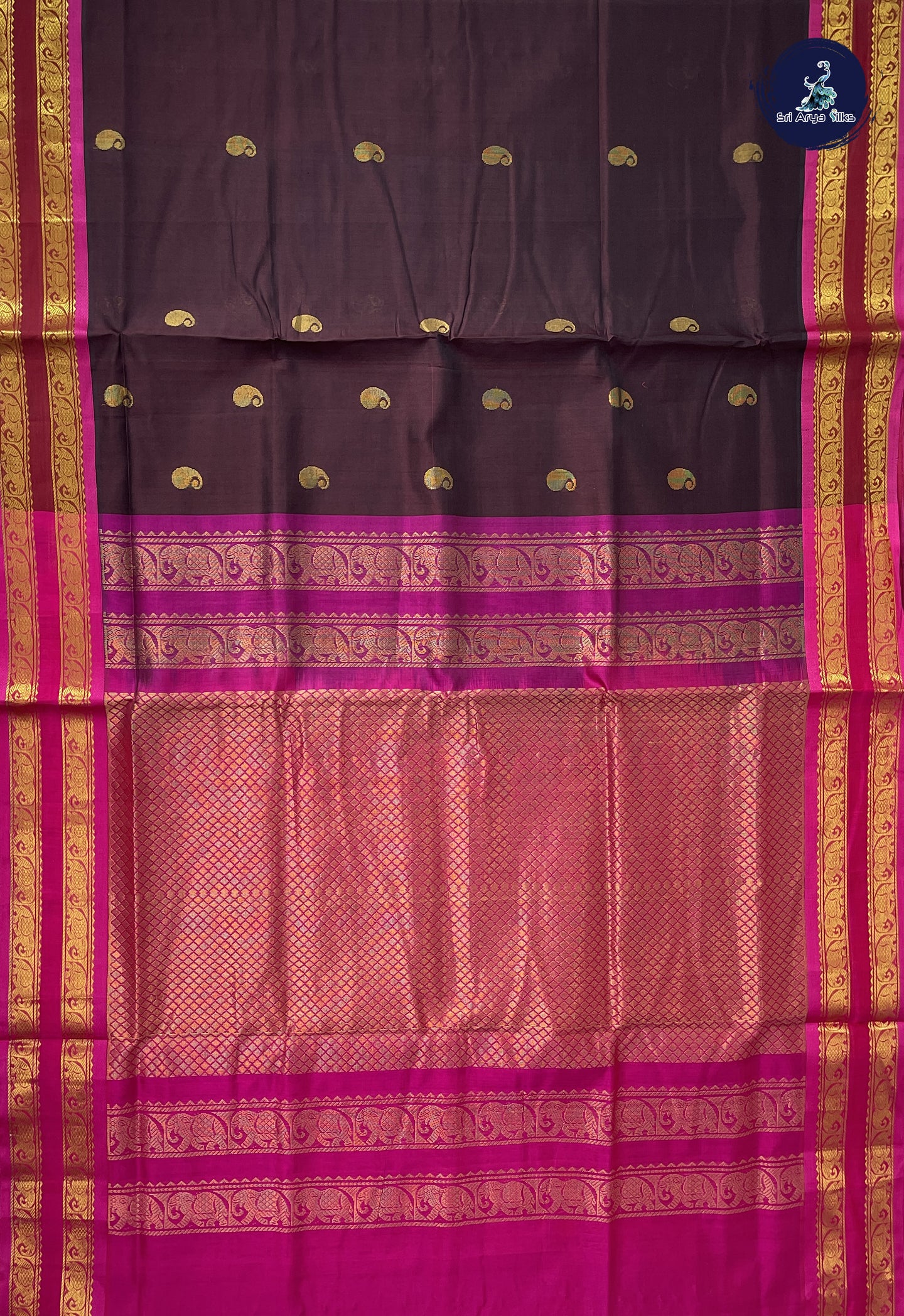 Brown Simple Silk Cotton Saree With Zari Buttas Pattern