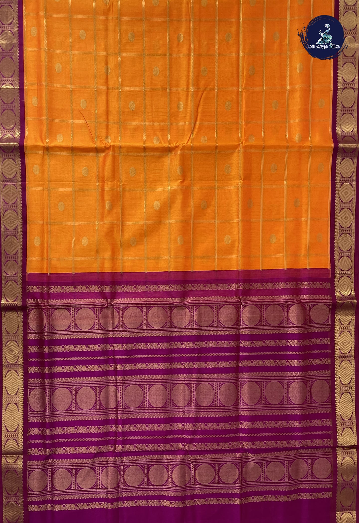 Yellowish Orange Korvai Silk Cotton Saree With Zari Checked Pattern