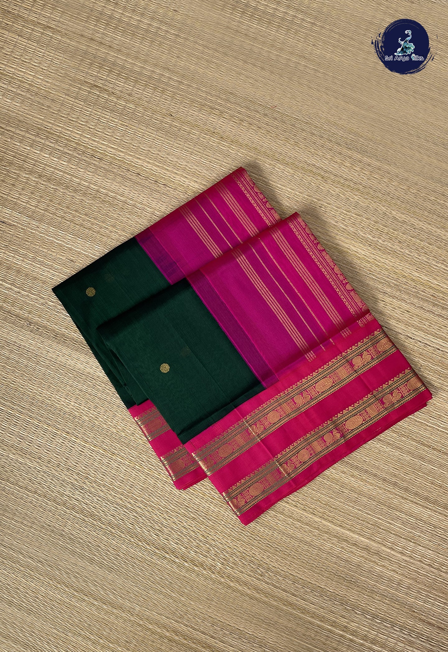 Dark Green Korvai Silk Cotton Saree With Zari Buttas Pattern