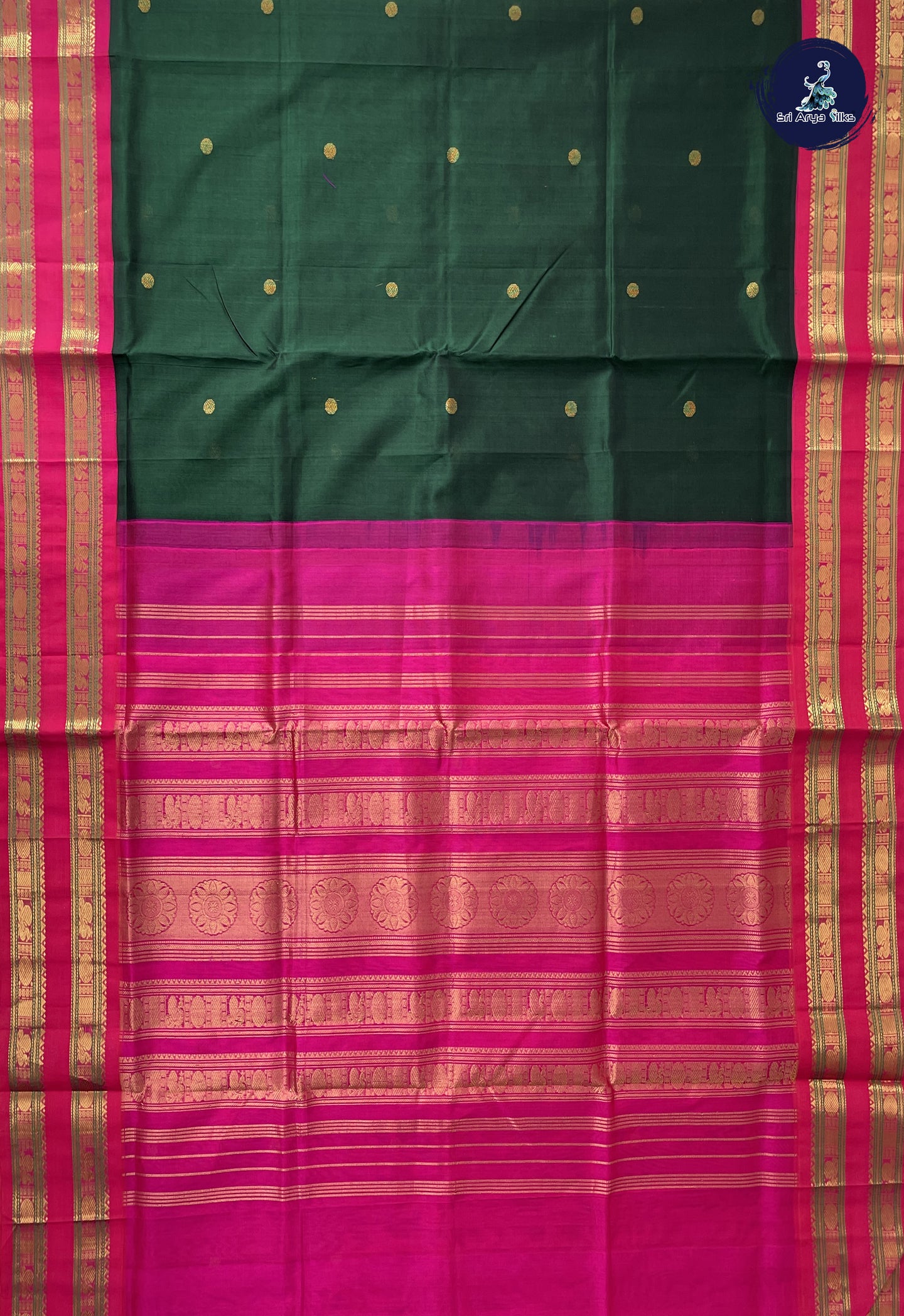 Dark Green Korvai Silk Cotton Saree With Zari Buttas Pattern