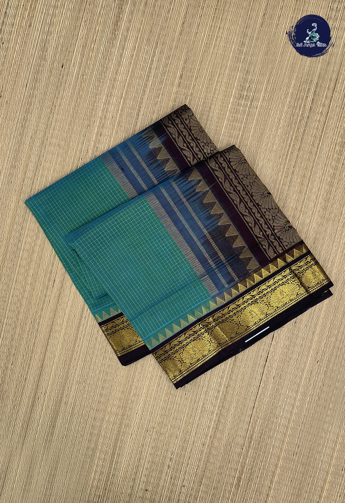 Bluish Green Checked Saree With Zari Checked Pattern