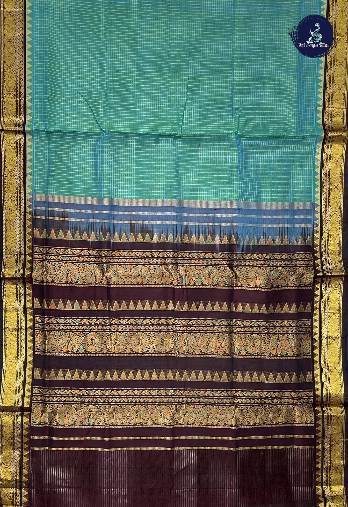 Bluish Green Checked Saree With Zari Checked Pattern