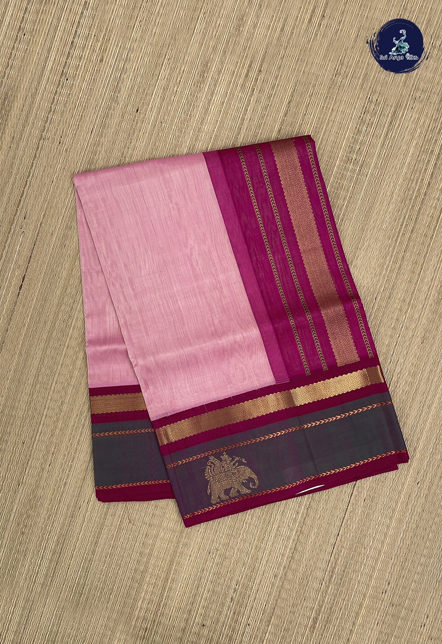 Light Pink Korvai Silk Cotton Saree With Plain Pattern