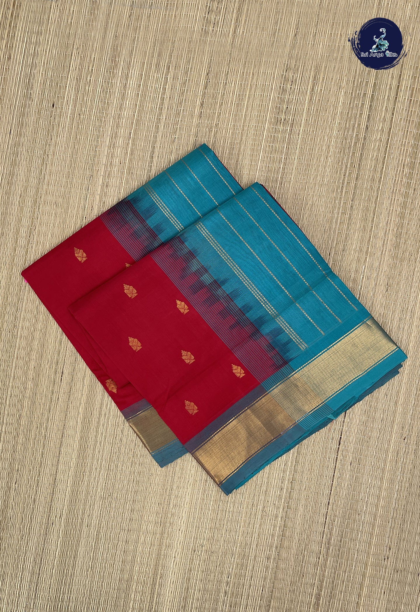 Red Simple Silk Cotton Saree With Zari Buttas Pattern