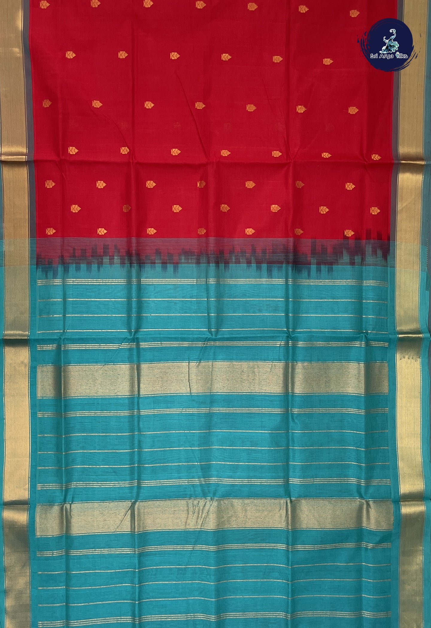 Red Simple Silk Cotton Saree With Zari Buttas Pattern