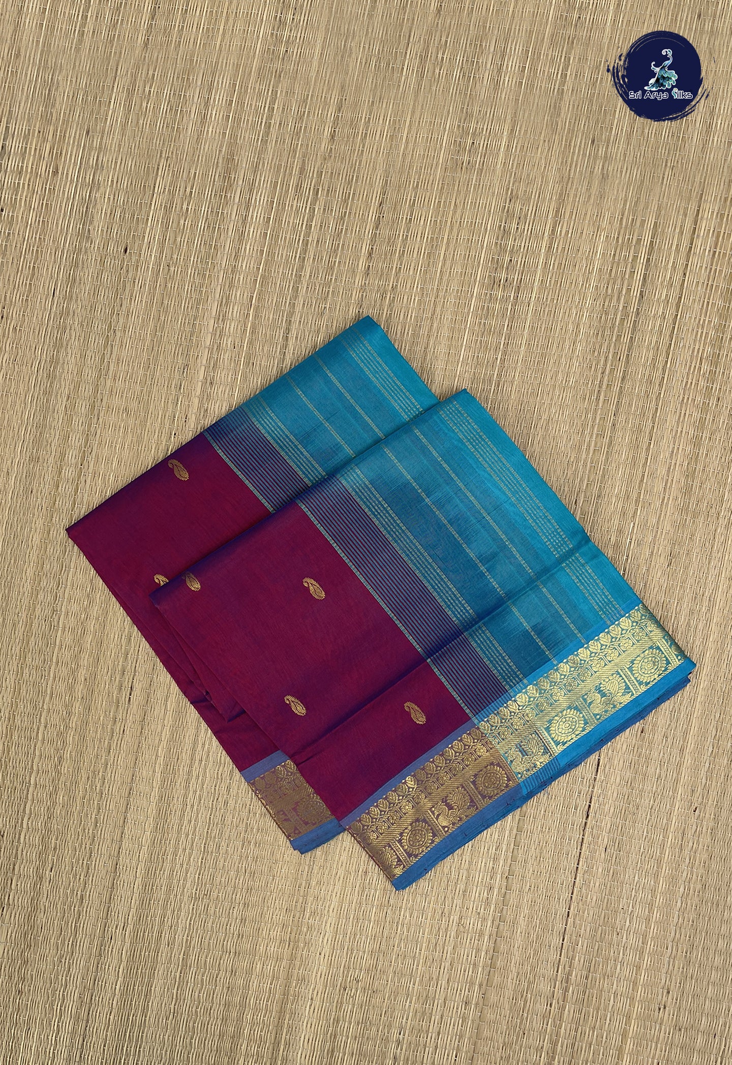 Dual Tone Wine Simple Silk Cotton Saree With Zari Buttas Pattern
