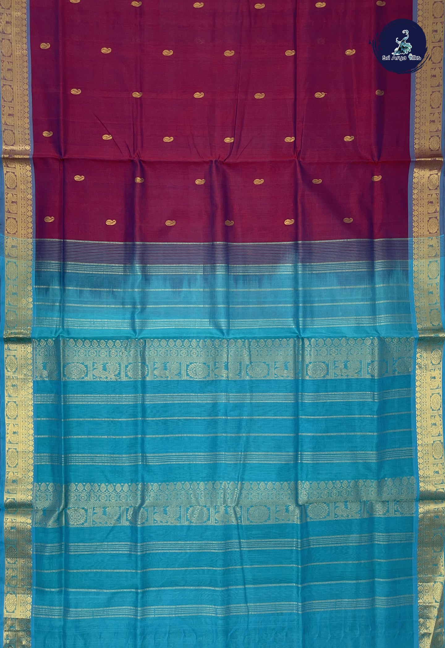 Dual Tone Wine Simple Silk Cotton Saree With Zari Buttas Pattern