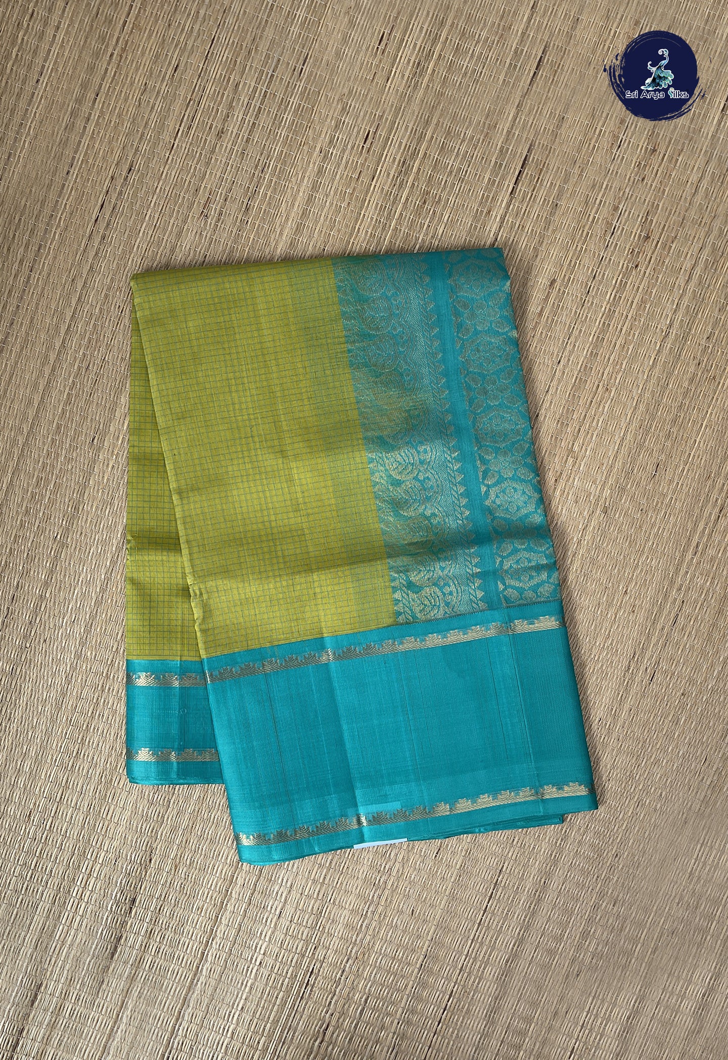 Lime Green Checked Saree With Checked Pattern