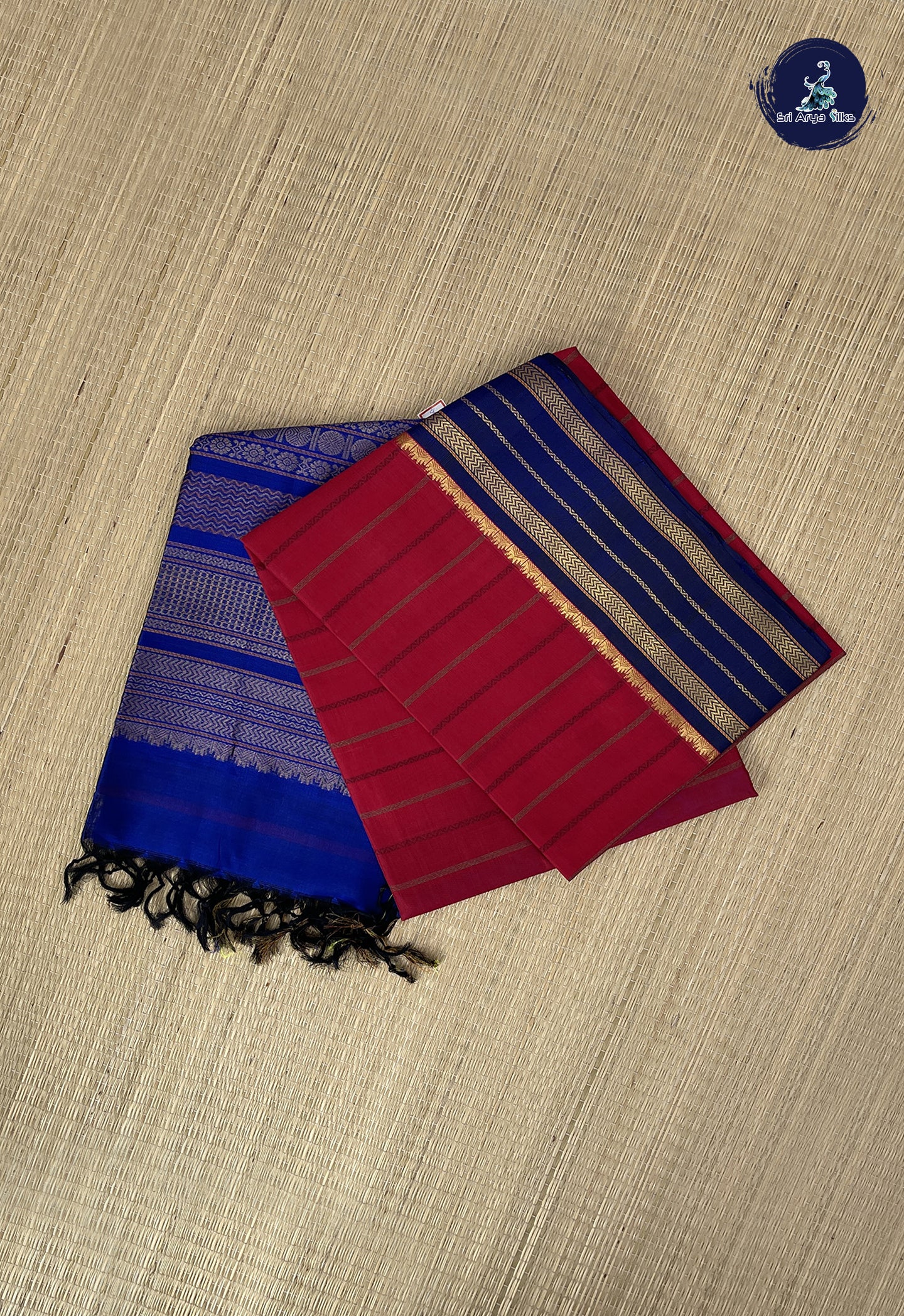 Red Korvai Silk Cotton Saree With Stripes Pattern