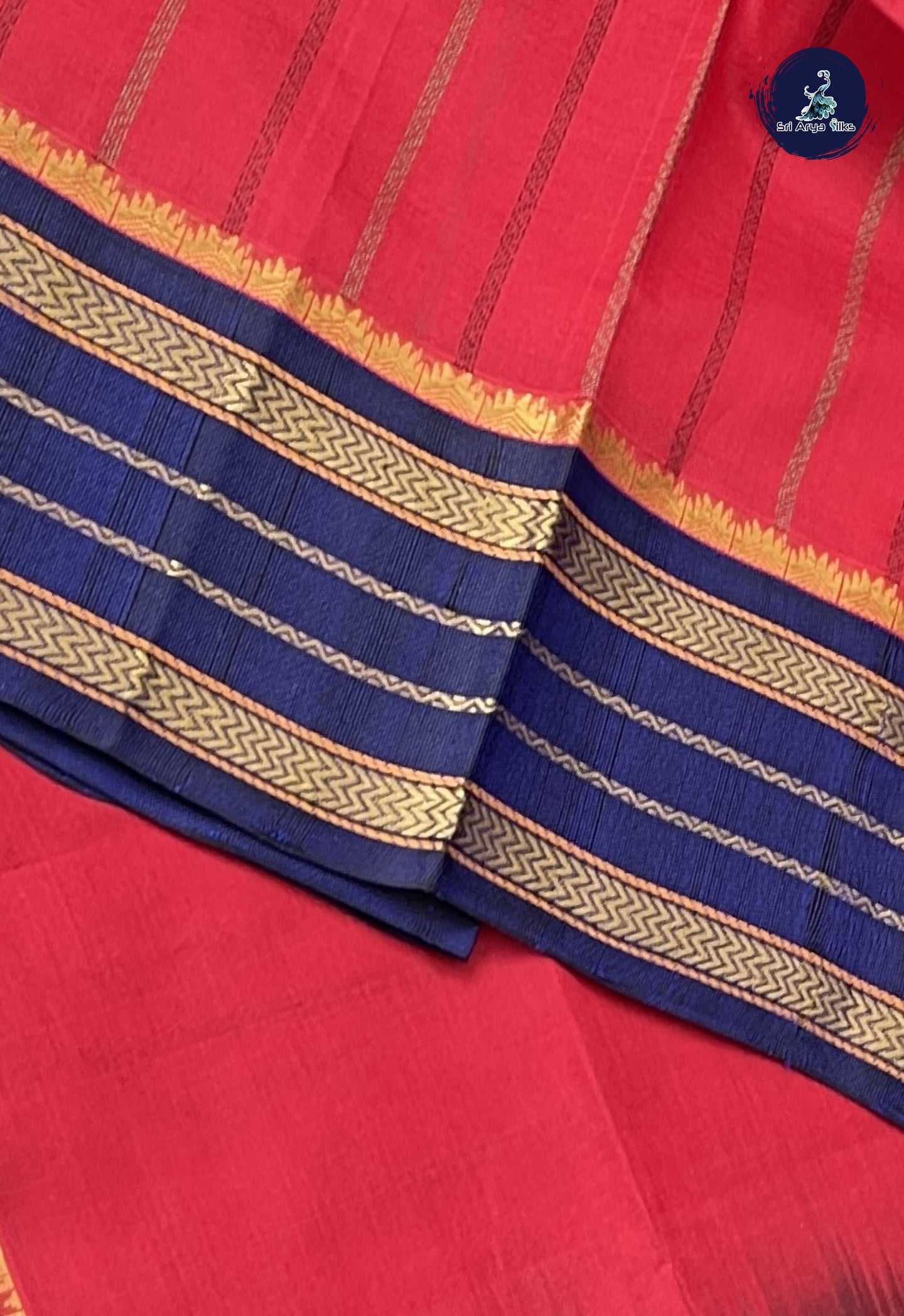 Red Korvai Silk Cotton Saree With Stripes Pattern