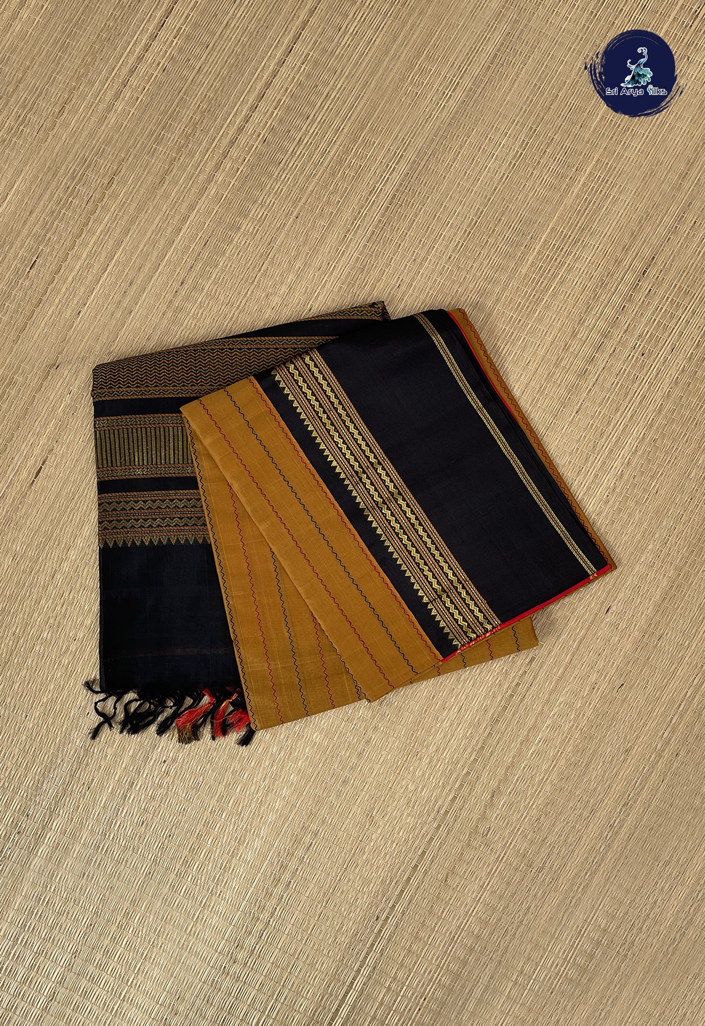 Mustard Korvai Silk Cotton Saree With Veldhari Stripes Pattern