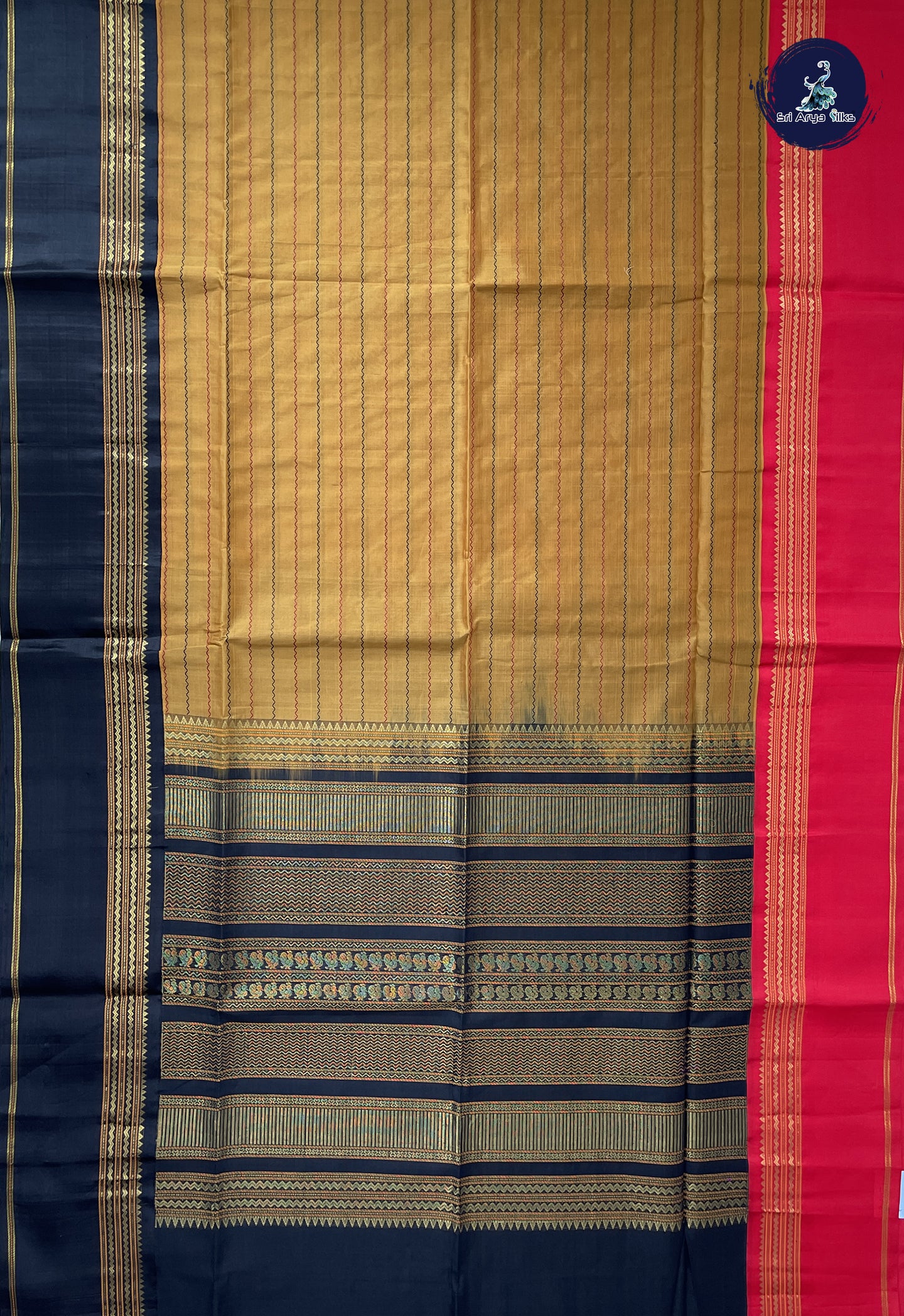 Mustard Korvai Silk Cotton Saree With Veldhari Stripes Pattern