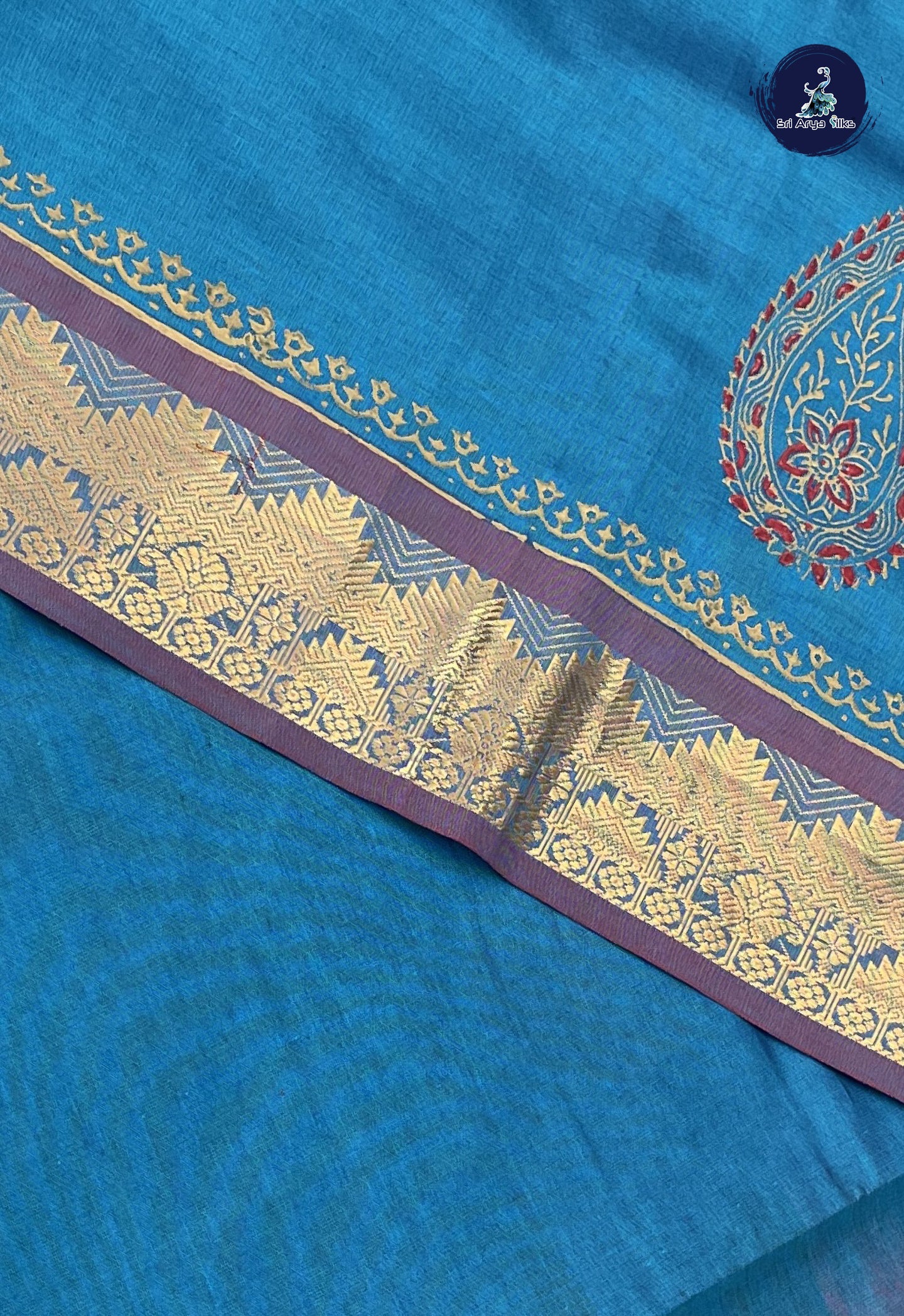 Peacock Blue Semi Silk Cotton Saree With Printed Pattern