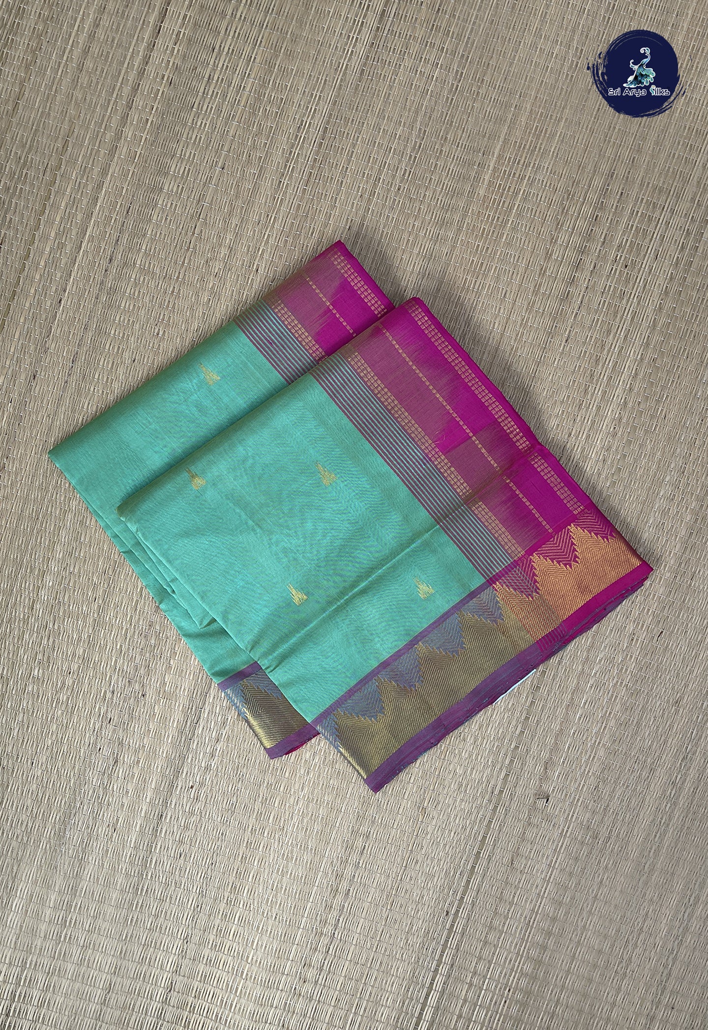 Sea Green Simple Silk Cotton Saree With Zari Buttas Pattern