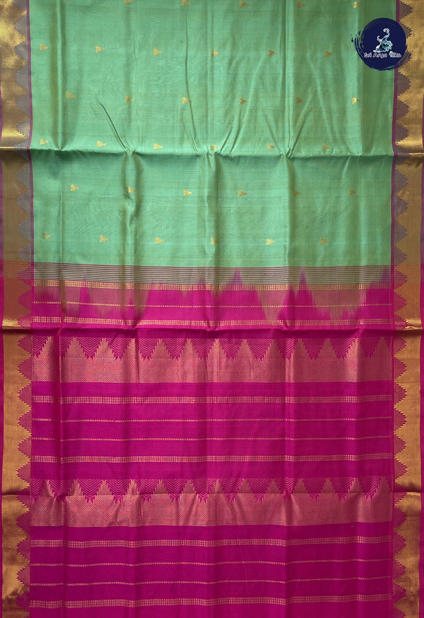 Sea Green Simple Silk Cotton Saree With Zari Buttas Pattern