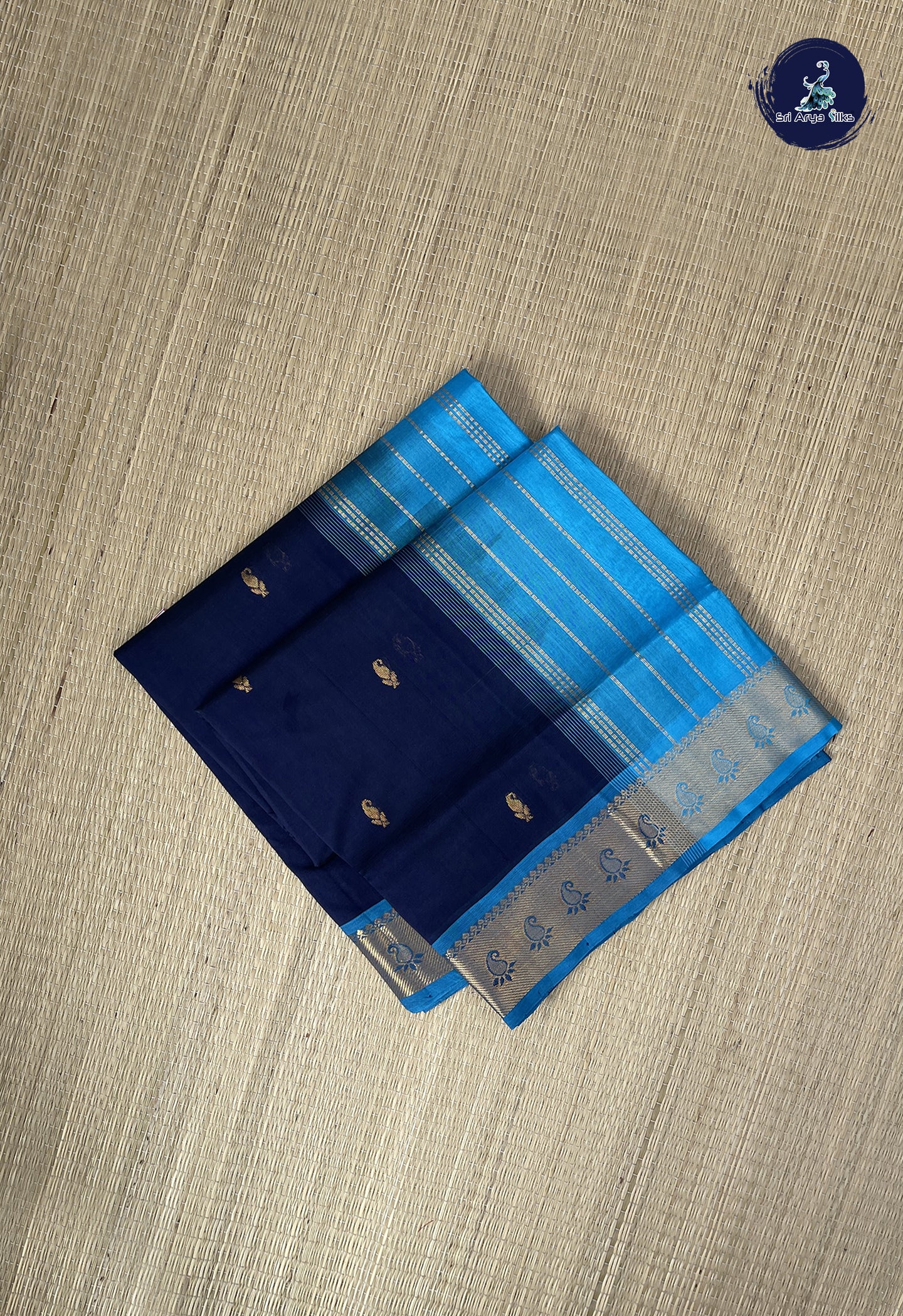 Dark Blue Simple Silk Cotton Saree With Zari Buttas Pattern